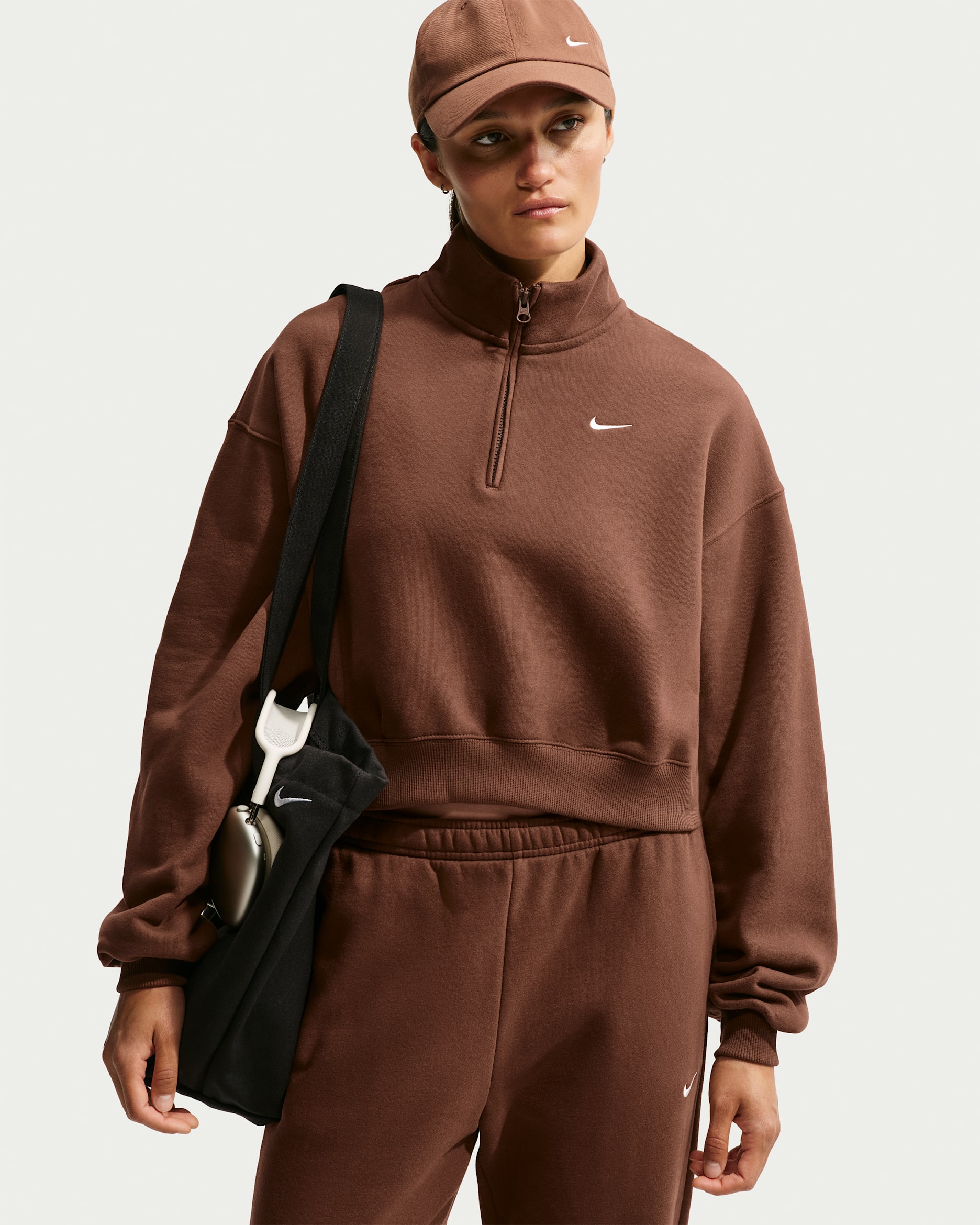 Nike Studio Fleece Medium Weight Women's Oversized 1/4-Zip Cropped Top - Cacao Wow/Sail
