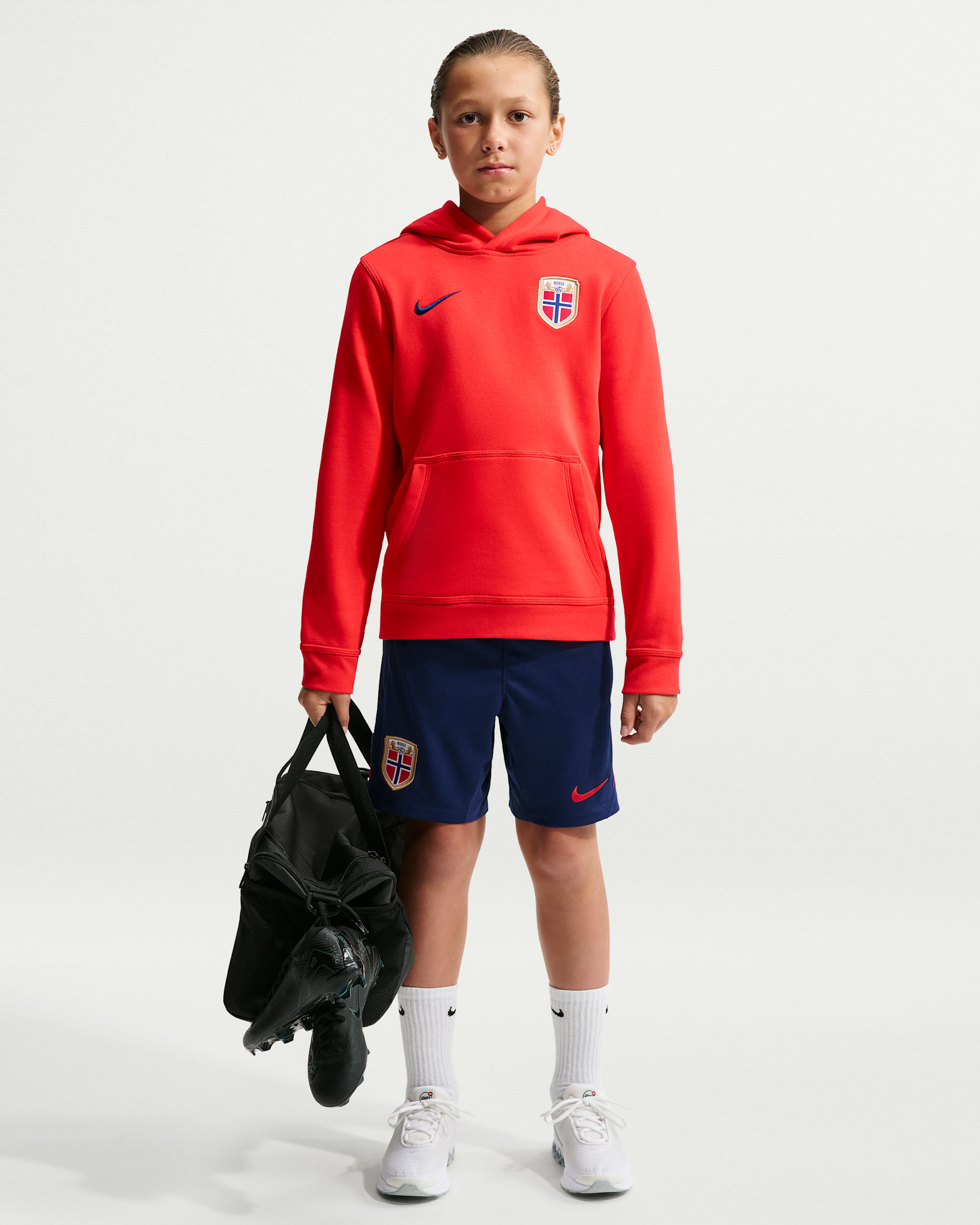 Shorts de fútbol de tejido Knit Nike Dri-FIT de Noruega Strike para niños talla grande - Azul vacío/Rojo chile/Negro/Rojo chile