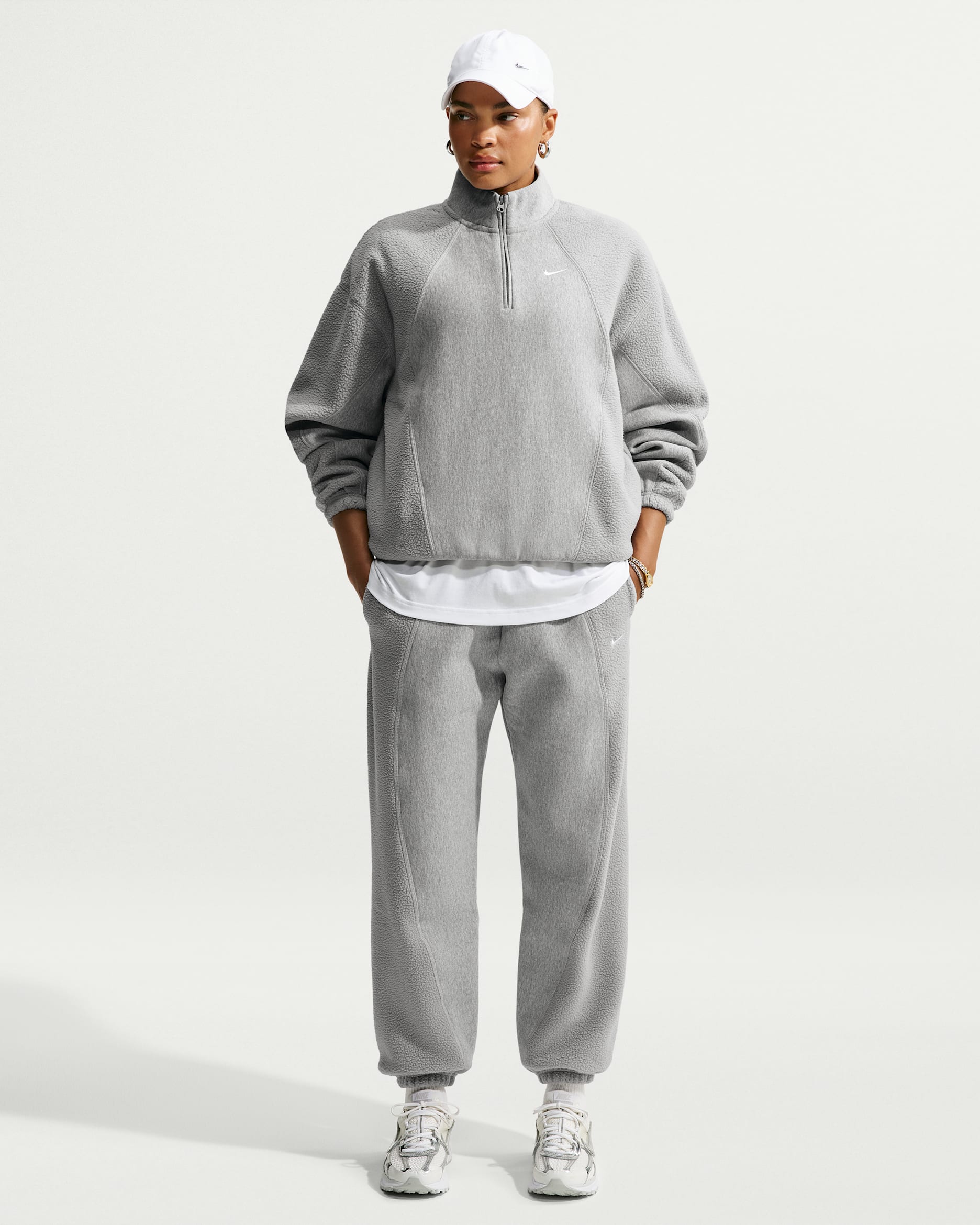 Nike Studio Fleece Heavyweight Plush Women's Oversized High-Rise Pants - Dark Grey Heather/Particle Grey/Sail