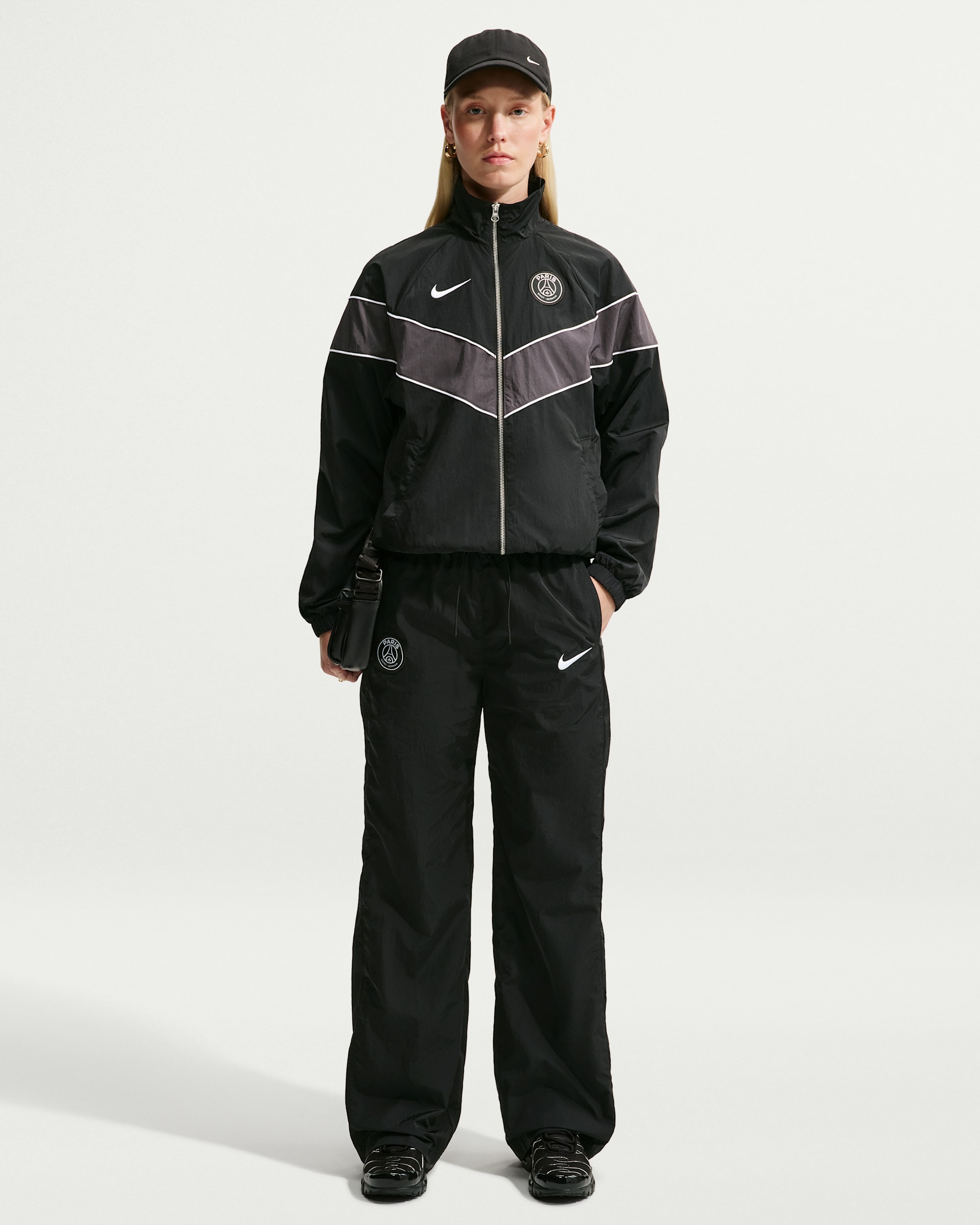 Pantalon taille haute en tissu tissé Nike Football Paris Saint-Germain Windrunner pour femme - Noir/Noir/Noir/Blanc