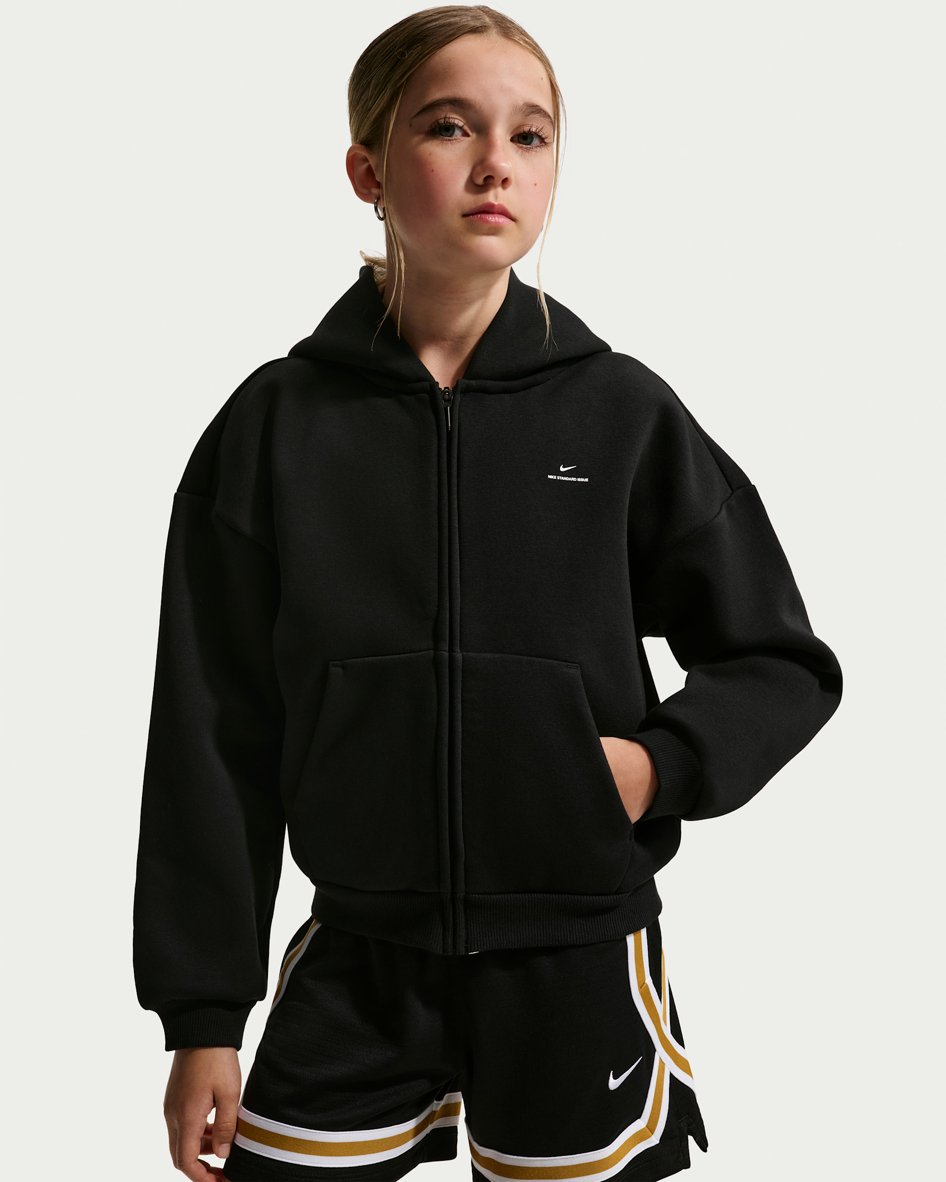 Nike Standard Issue Big Kids' Therma-FIT Brushed Fleece Full-Zip Hoodie - Black/Pale Ivory
