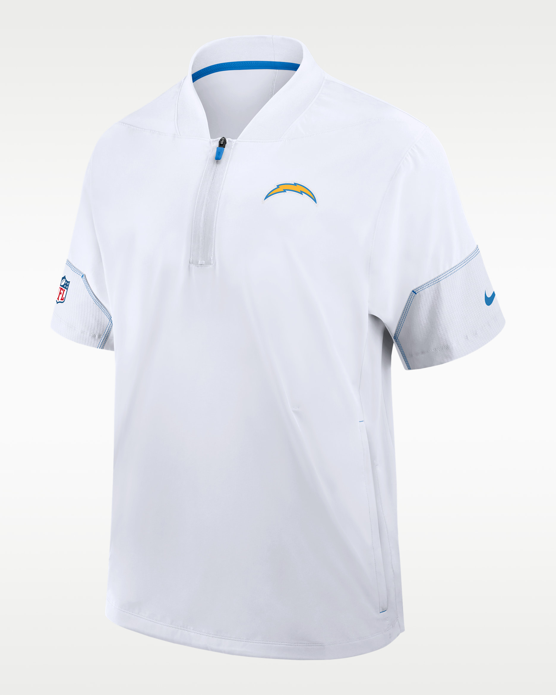 Chamarra de manga corta Nike de la NFL con gorro y medio cierre para hombre Los Angeles Chargers Sideline Coach - Blanco