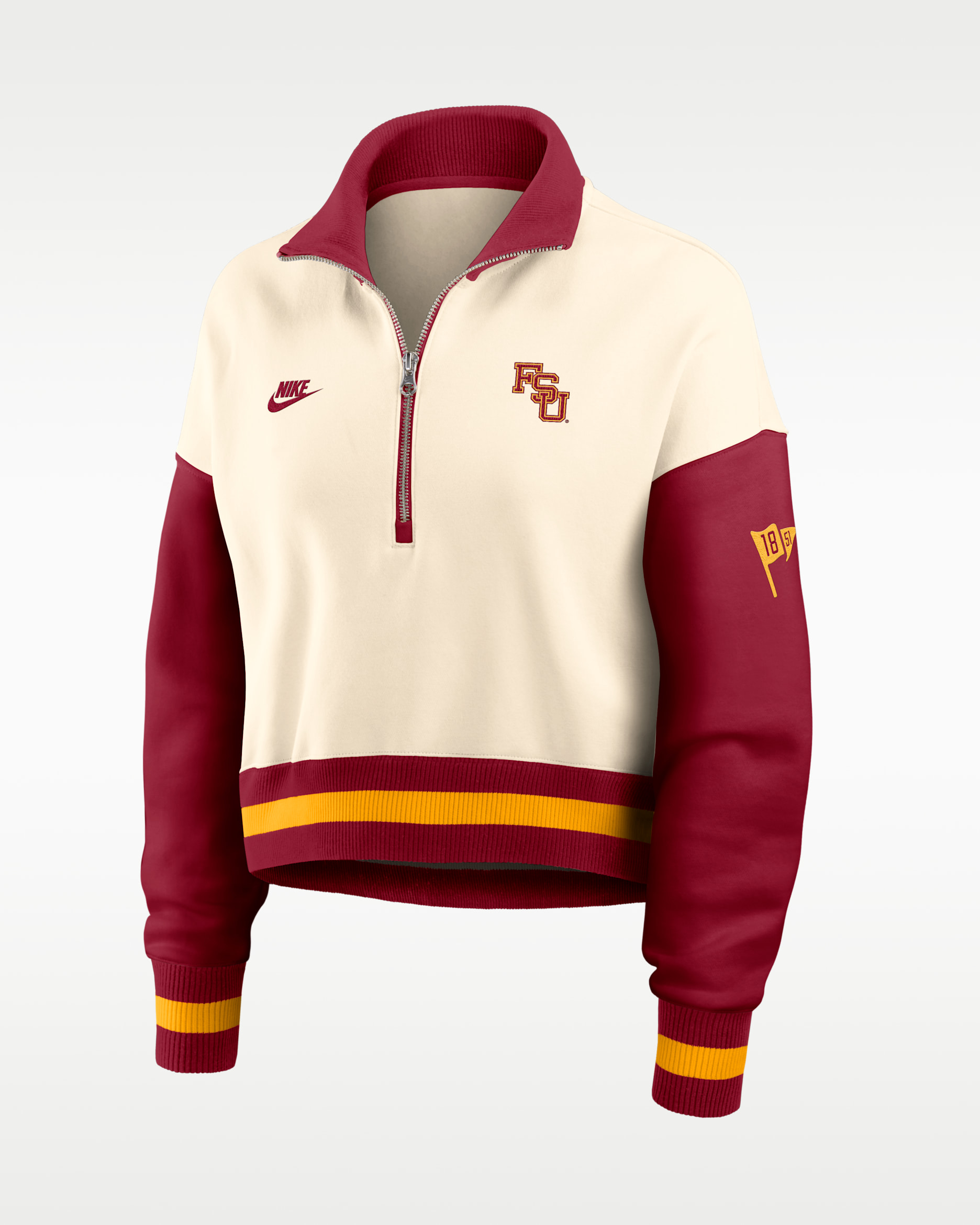 Florida State Legacy Women's Nike College Cropped Oversized 1/4-Zip Crew - Natural/Crimson