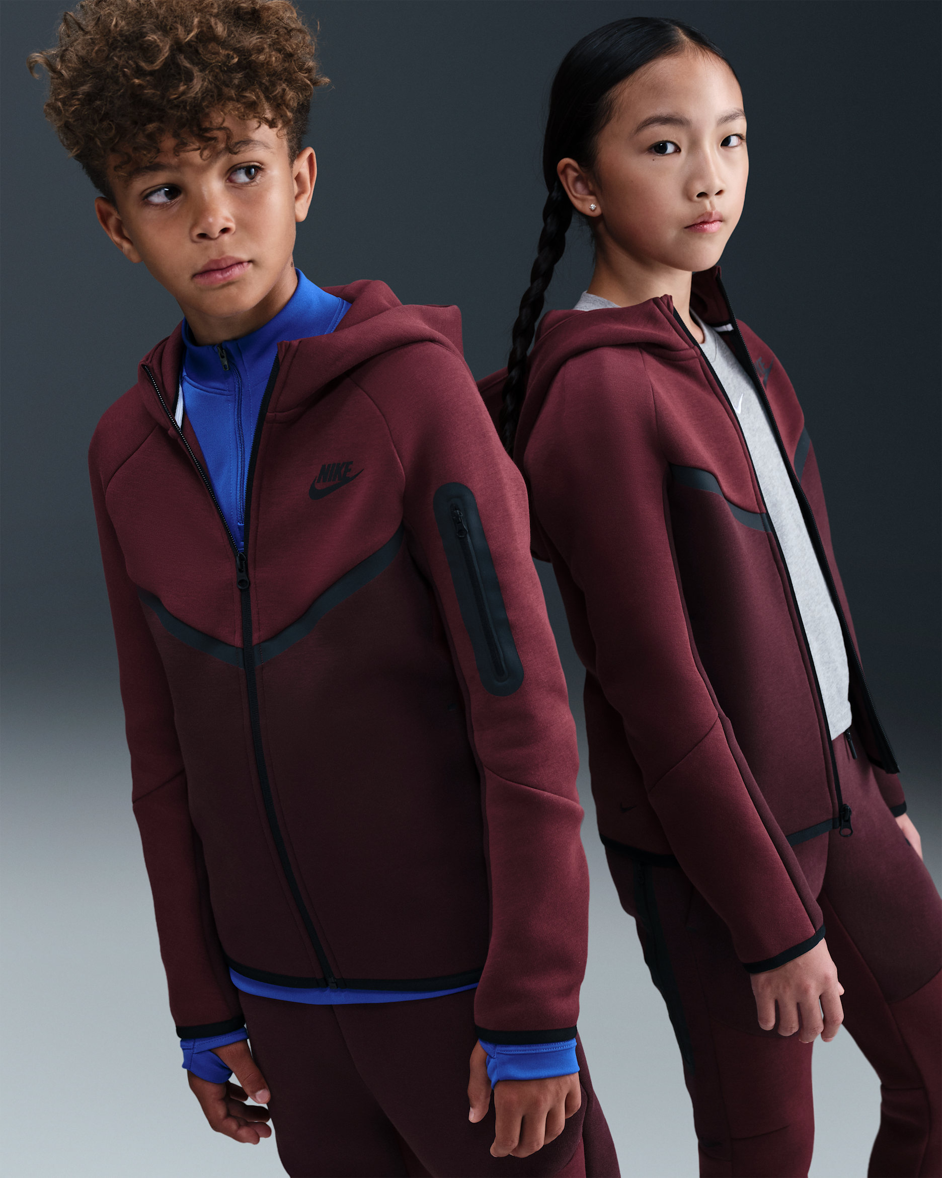 Nike Sportswear Tech Fleece Big Kids' Full-Zip Hoodie - Burgundy Crush/Dark Team Red/Black/Black