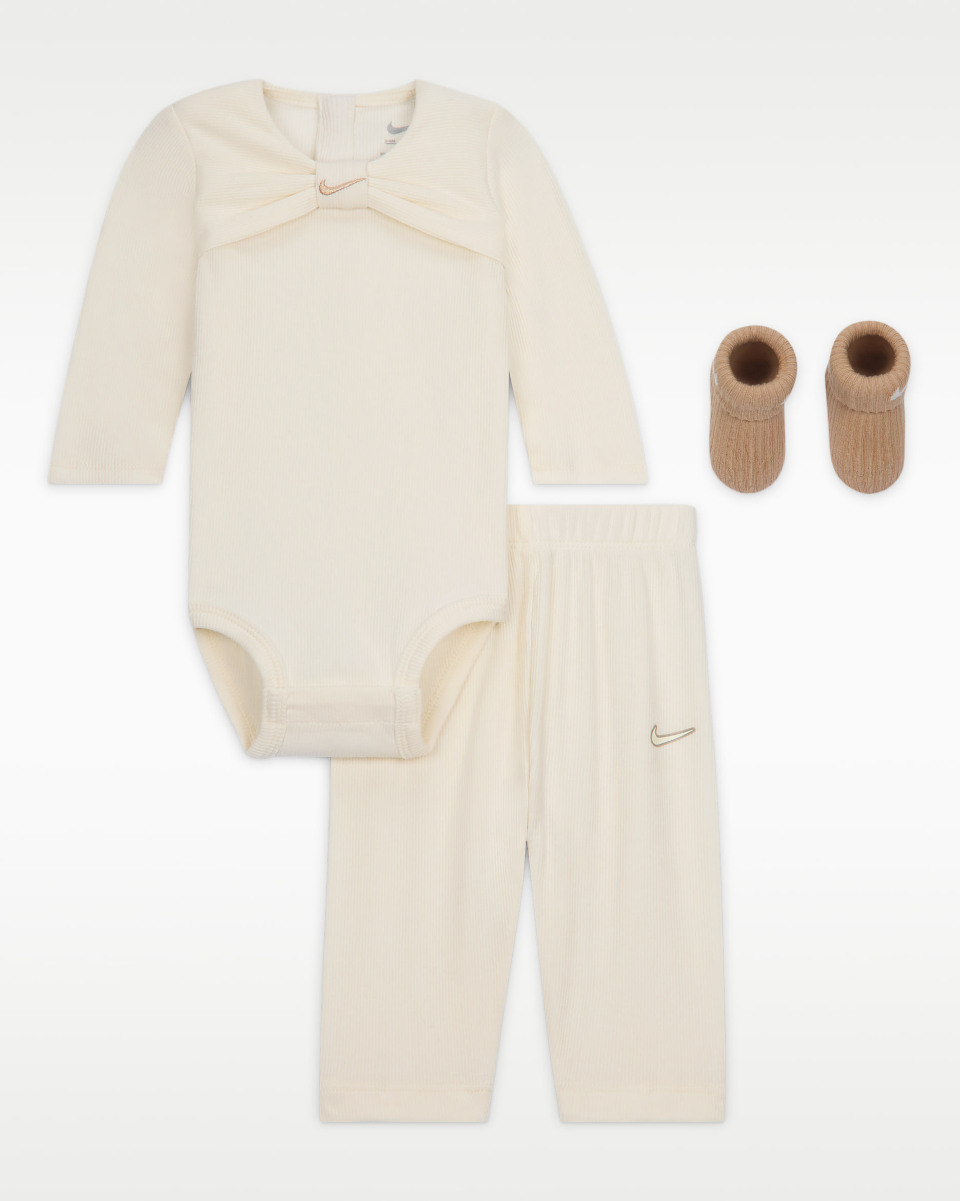 Conjunto en caja de 3 piezas de body de canalé con moño para bebé (0 a 9 meses) Nike - Perla suave