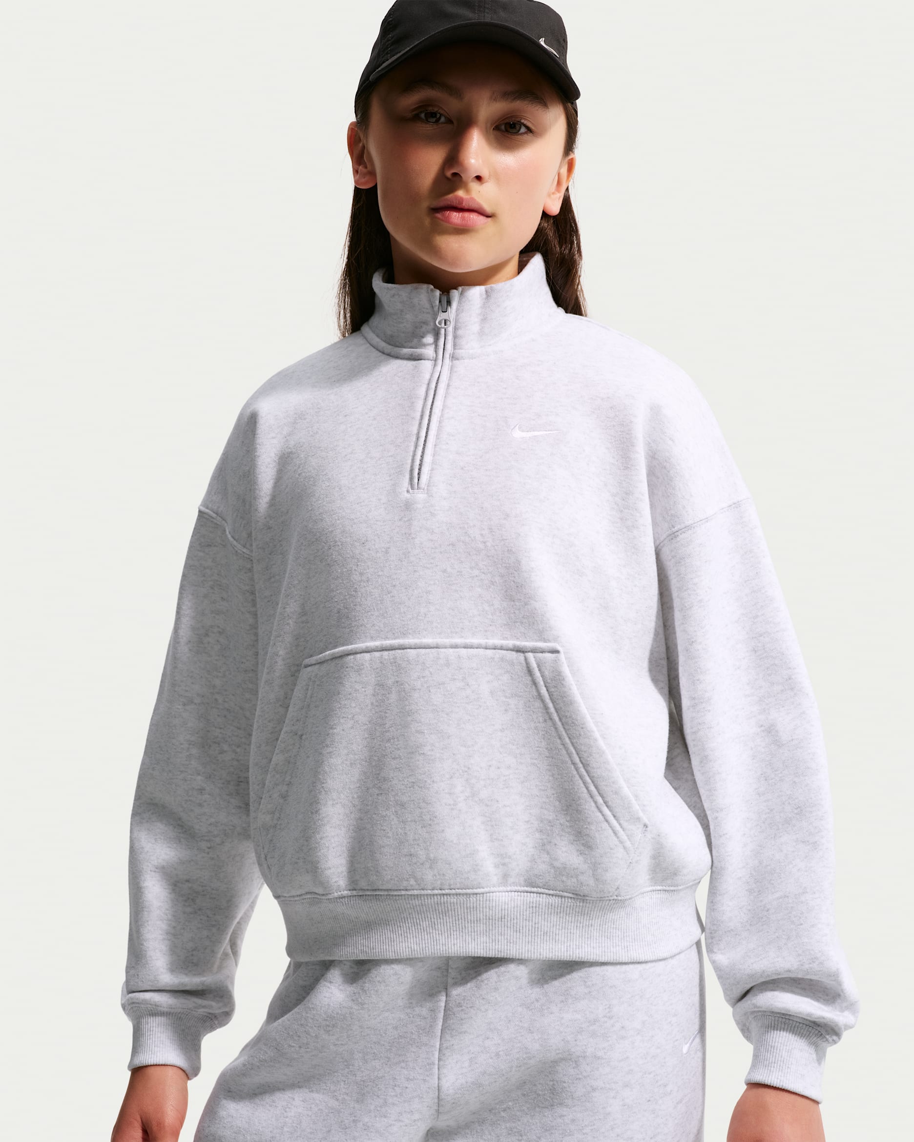 Nike Sportswear Studio Fleece Part superior oversized amb cremallera d'un quart - Nena - Birch Heather/Grey Fog/Blanc