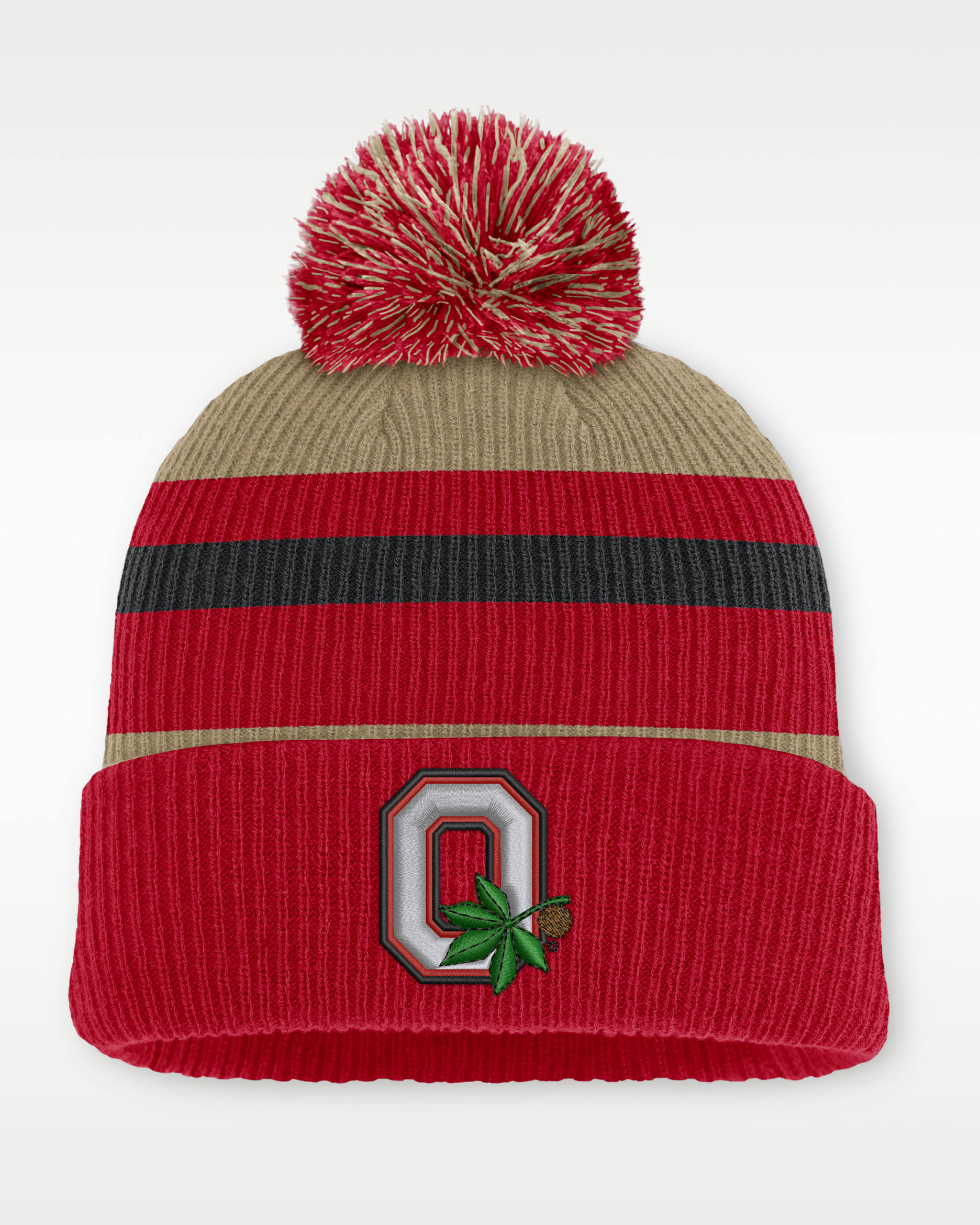 Ohio State Legacy Striped Men's Nike College Cuffed Pom Beanie - Classic Beige/Scarlet