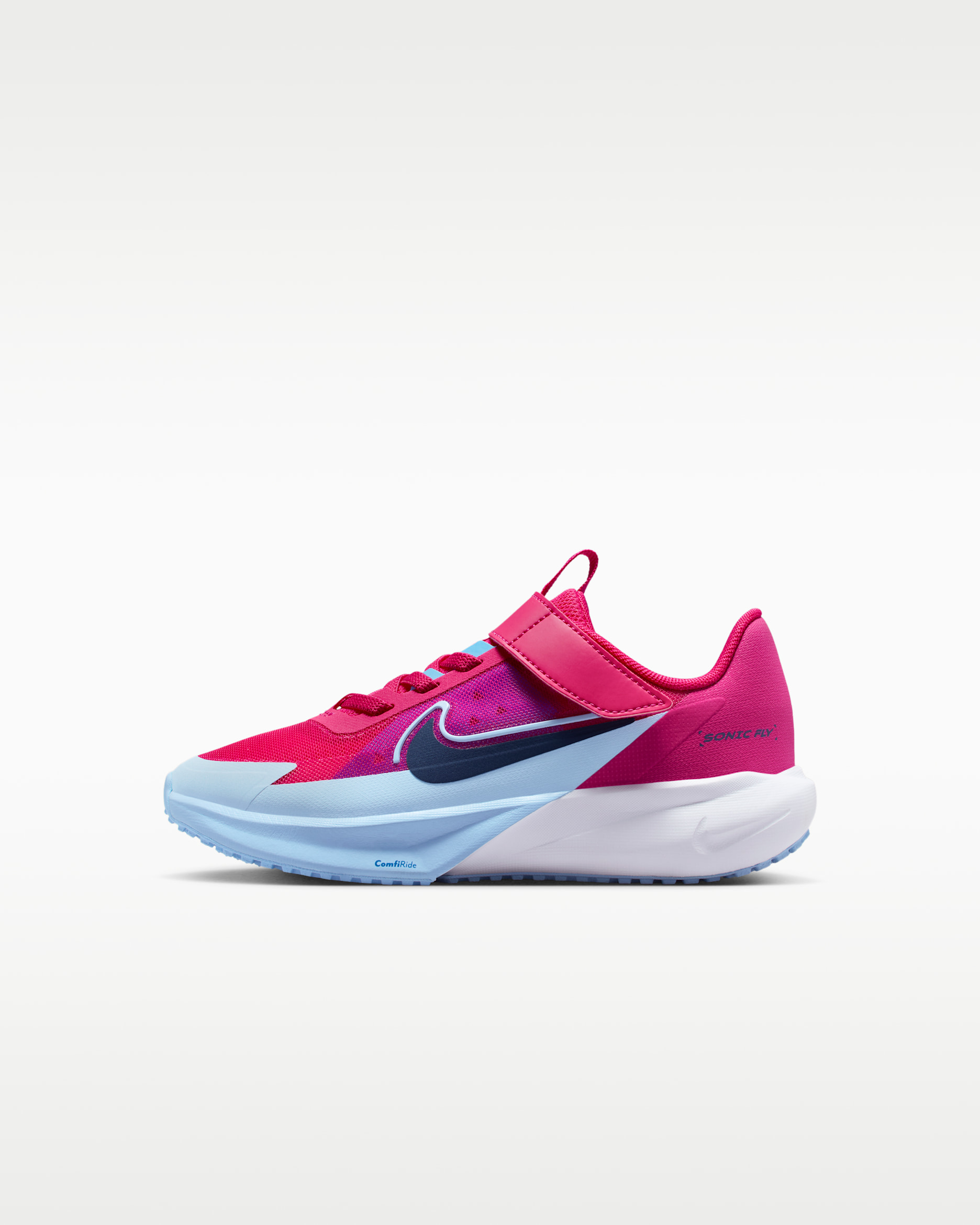 Tenis de correr para niños de preescolar Nike Sonic Fly - Rosa enérgico/Azul universitario/Aluminio/Azul vacío