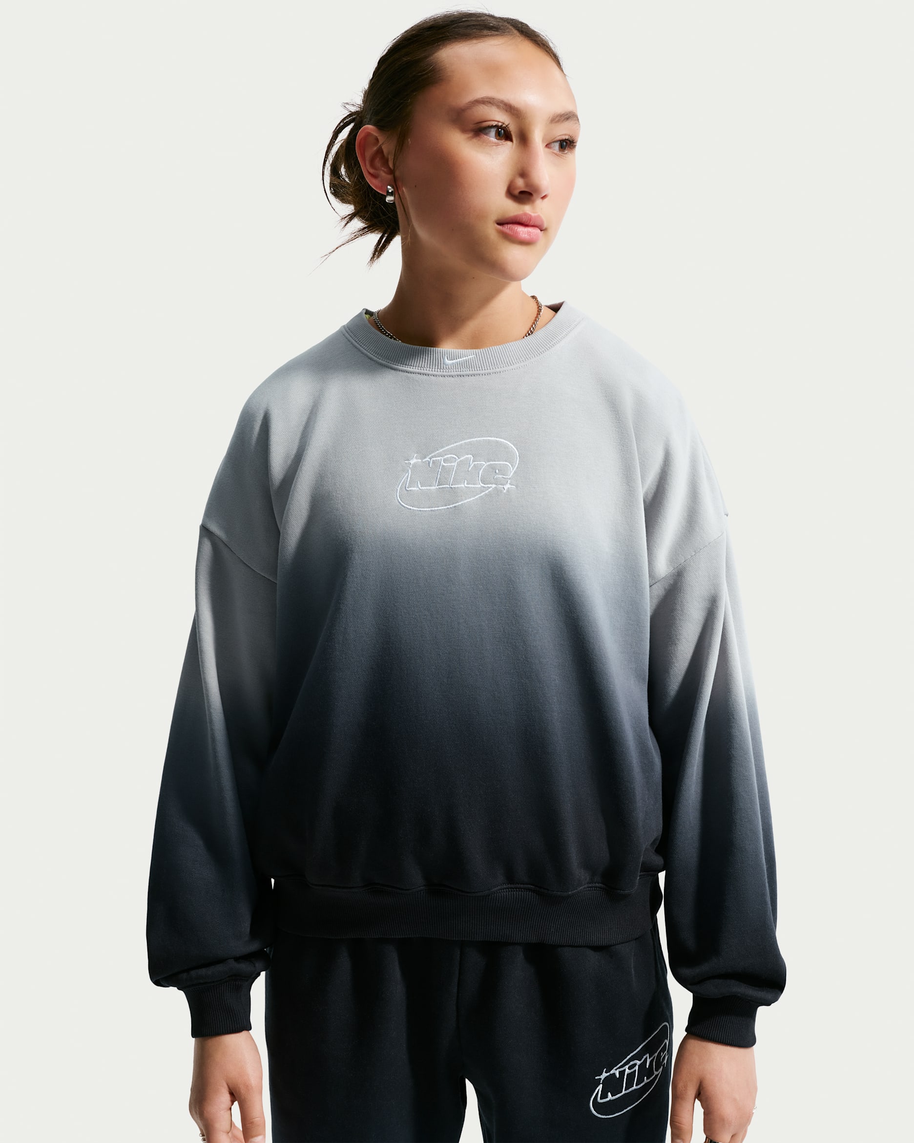 Nike Studio Fleece Lightweight Big Kids' (Girls') Oversized Graphic Crew - Light Smoke Grey/Black/White