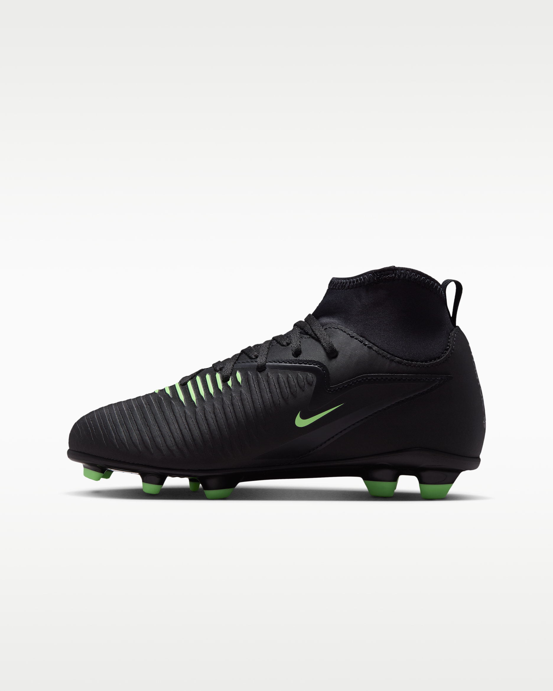 Tacos de fútbol para terrenos múltiples para niños grandes Nike Jr. Phantom 6 High Club - Negro/Negro/Verde ilusión