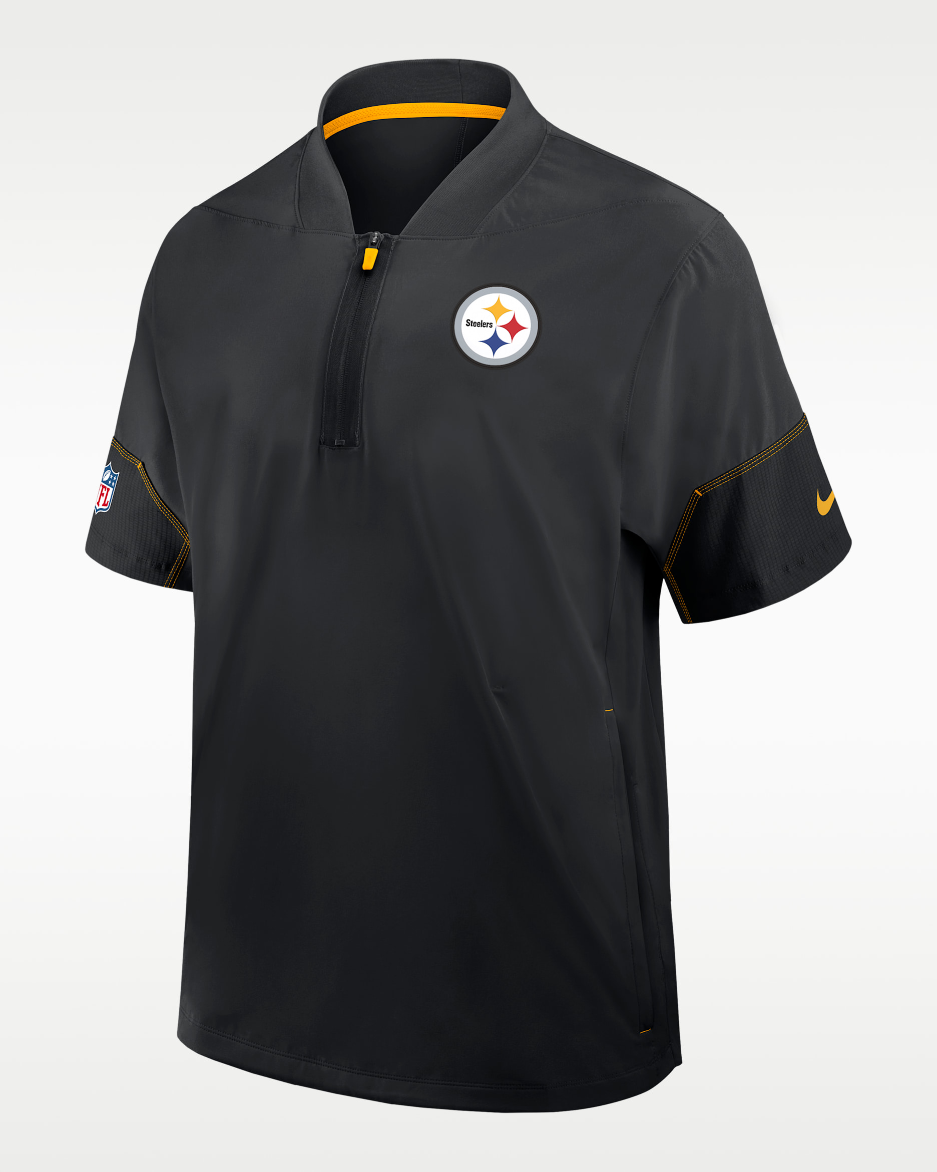 Chamarra de manga corta Nike de la NFL con gorro de medio cierre para hombre Pittsburgh Steelers Sideline Coach - Negro/Oro universitario