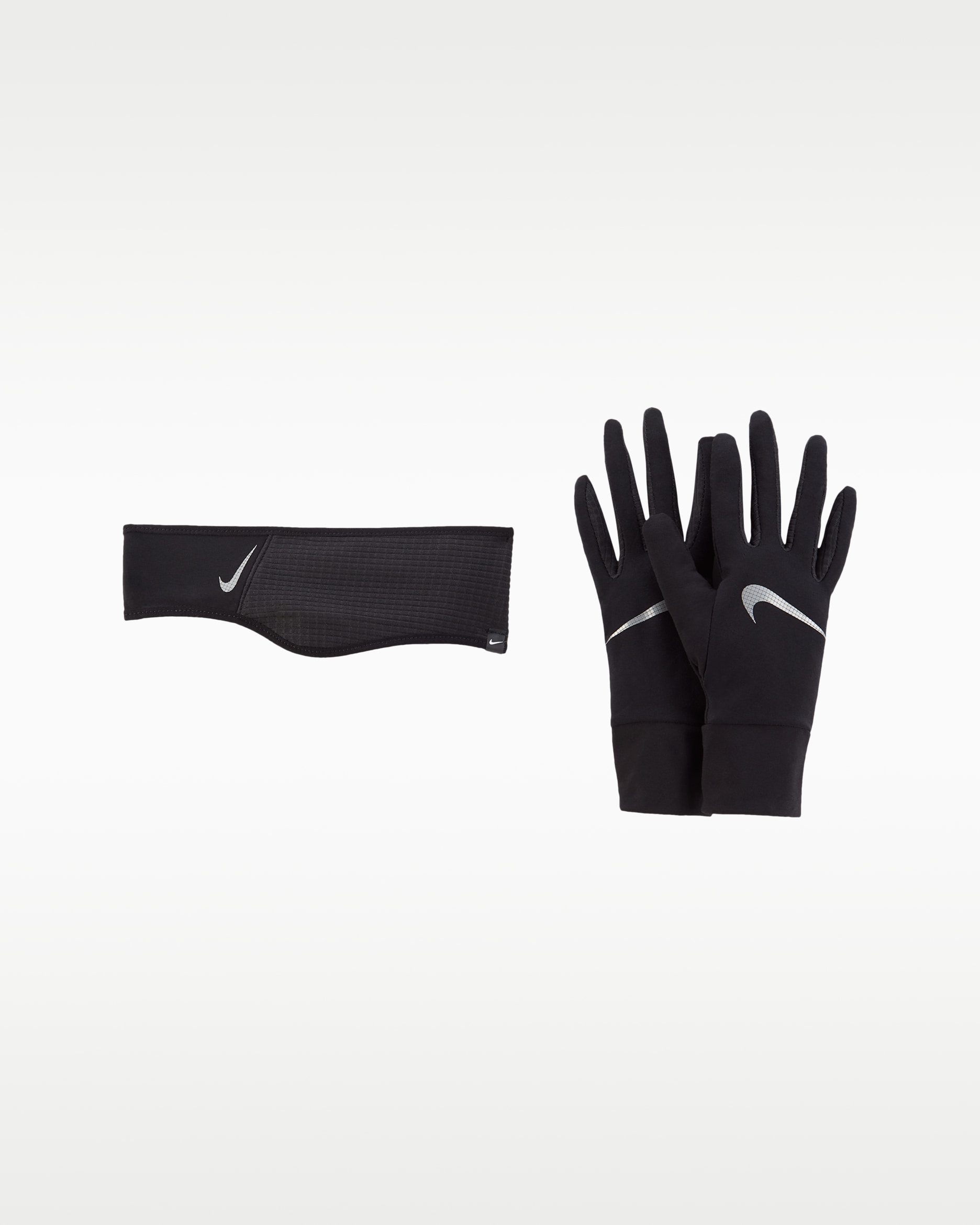 Conjunto de guantes y cinta para el pelo de running para mujer Nike Essential - Negro/Negro/Plata