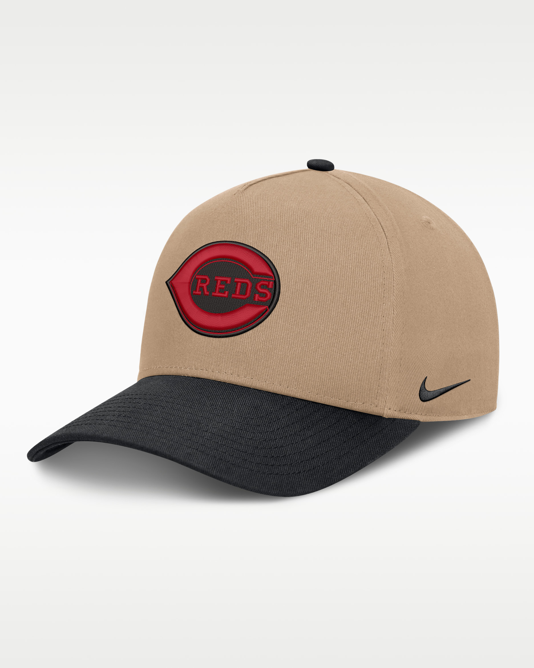 Cincinnati Reds Rise Men's Nike MLB A-Frame Trucker Adjustable Hat - Khaki/Black/Black