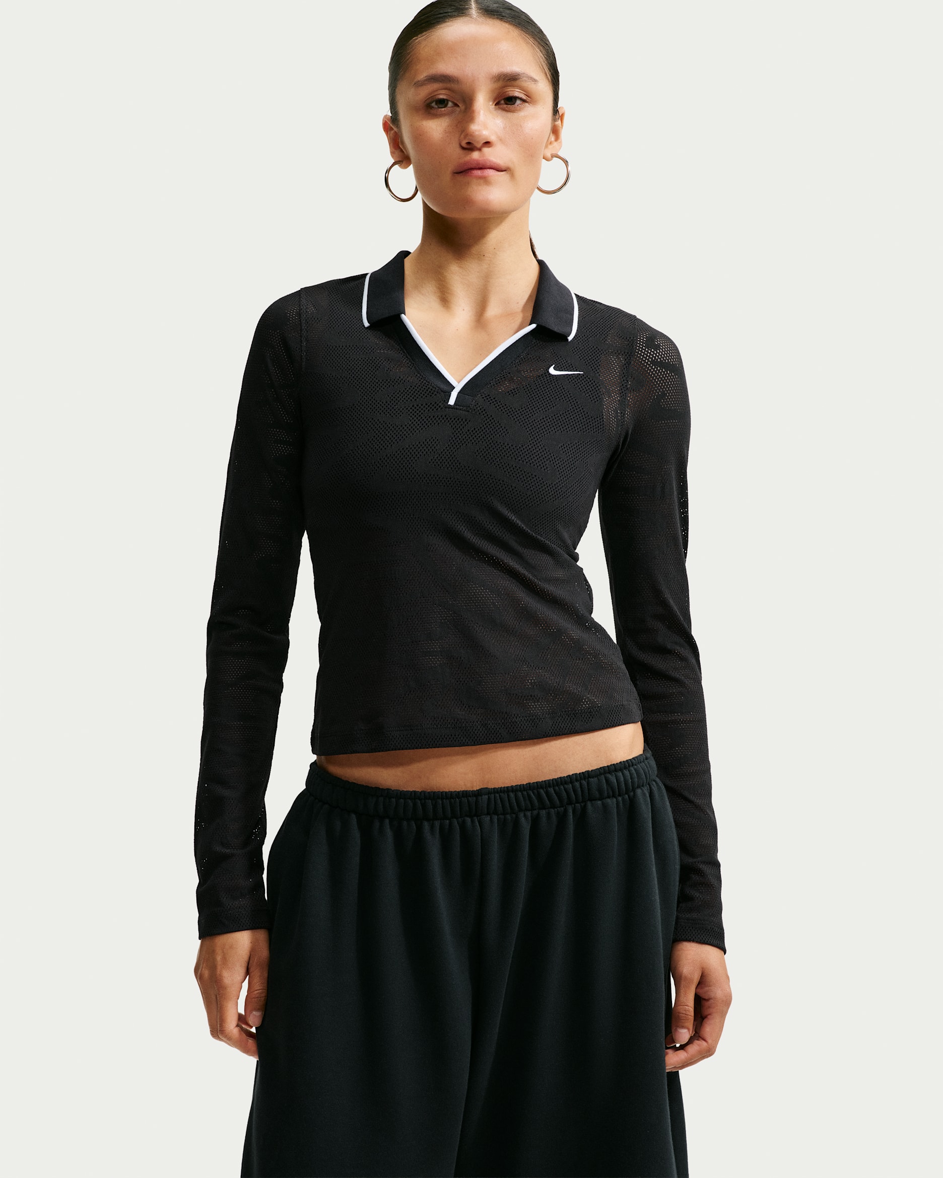 Nike Sportswear Chill Knit Women's Tight Mod-Cropped Long-Sleeve Lace Top - Black/Black/White/White