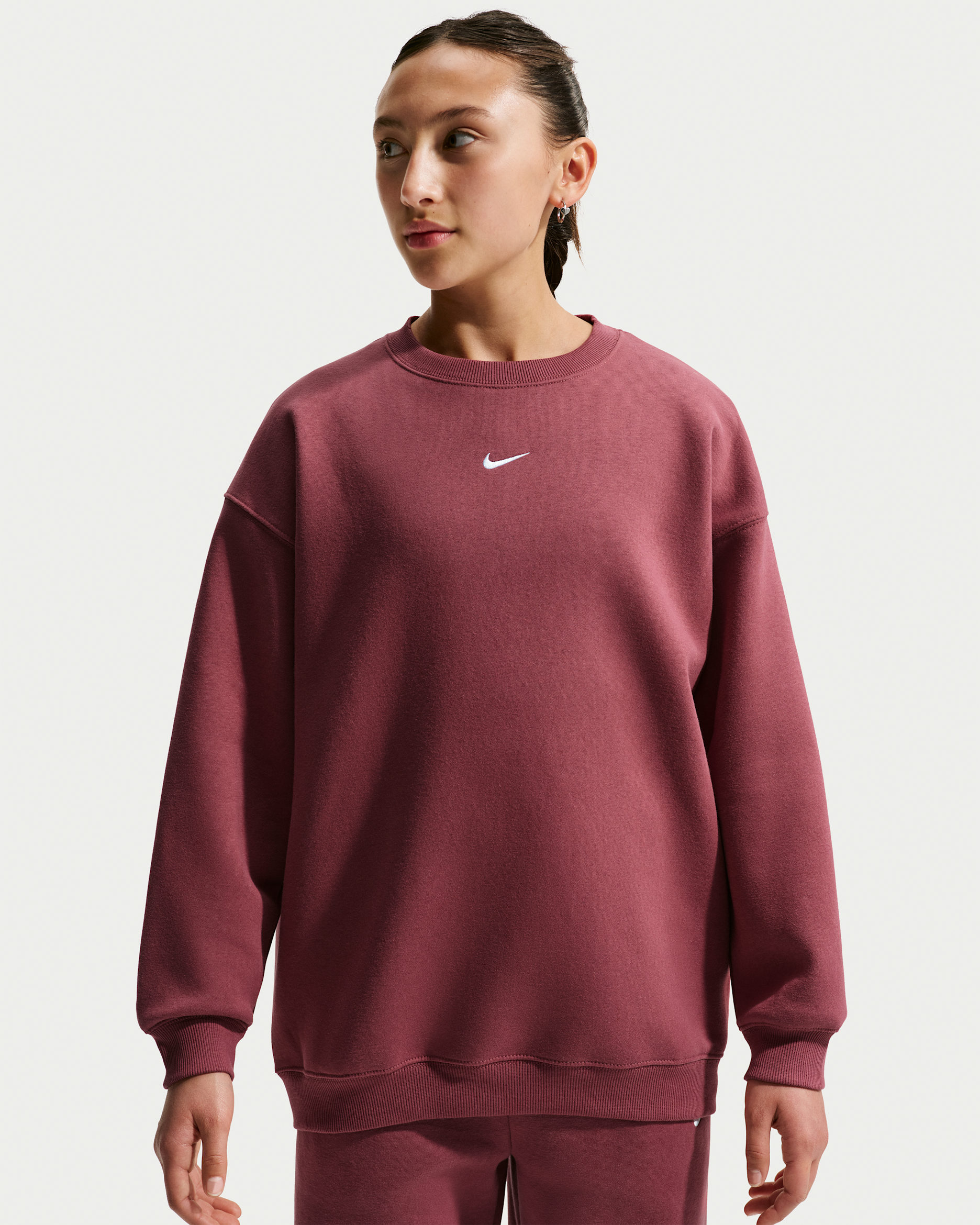 Sweat oversize à col ras-du-cou Nike Sportswear Studio pour ado (fille) - Pink Smoke/Blanc