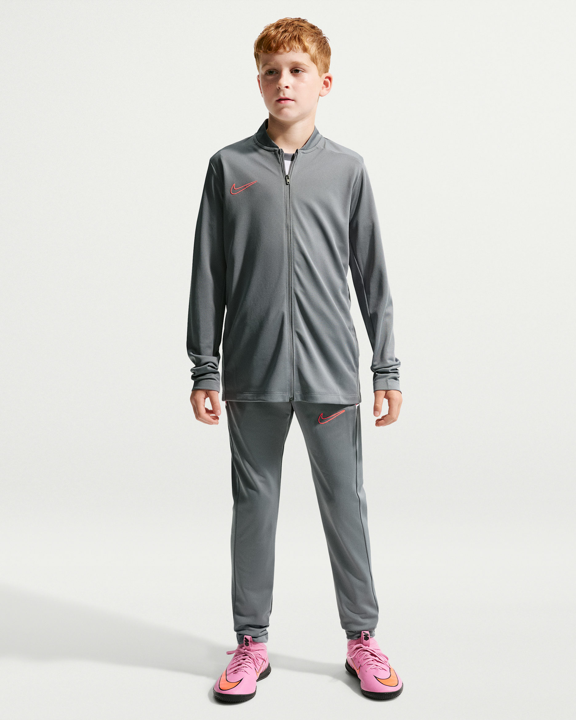 Nike Academy Older Kids' Dri-FIT Football Tracksuit - Smoke Grey/Hot Punch/White/Hot Punch