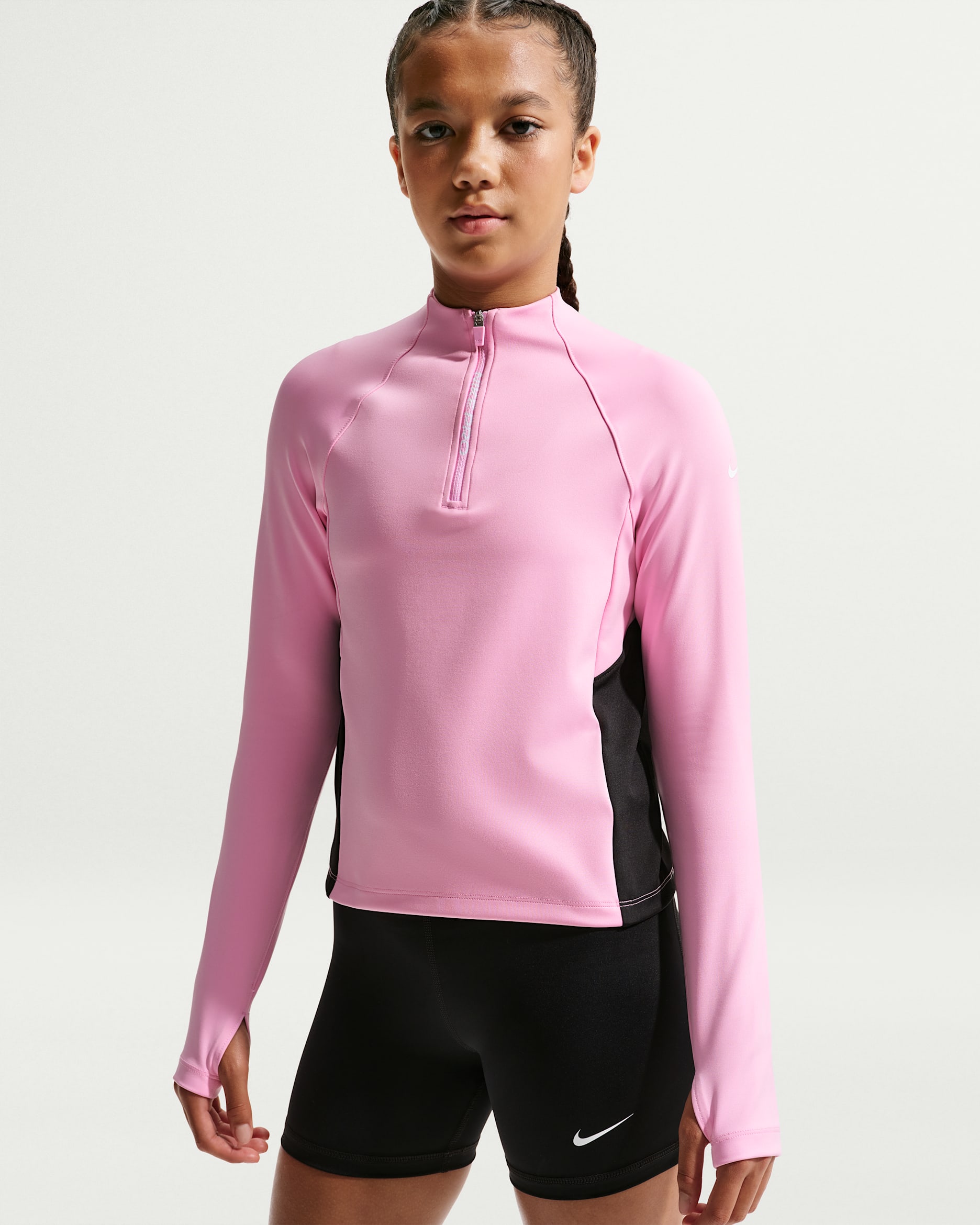 Camisola de manga comprida com fecho até meio Nike Pro Dri-FIT Júnior (Rapariga) - Rosa Rise/Preto/Branco
