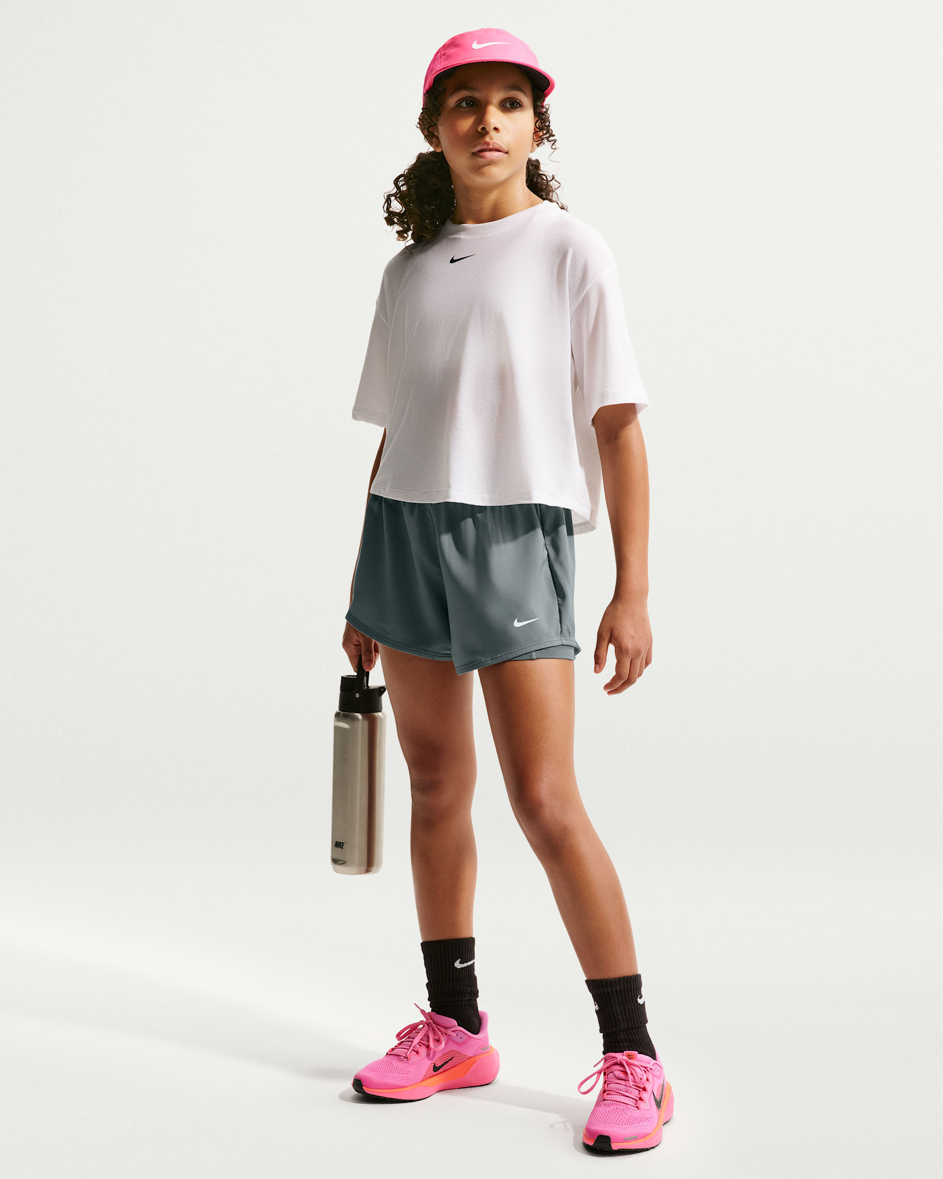 Nike One Girls' Dri-FIT 3" 2-in-1 Shorts - Smoke Grey/White