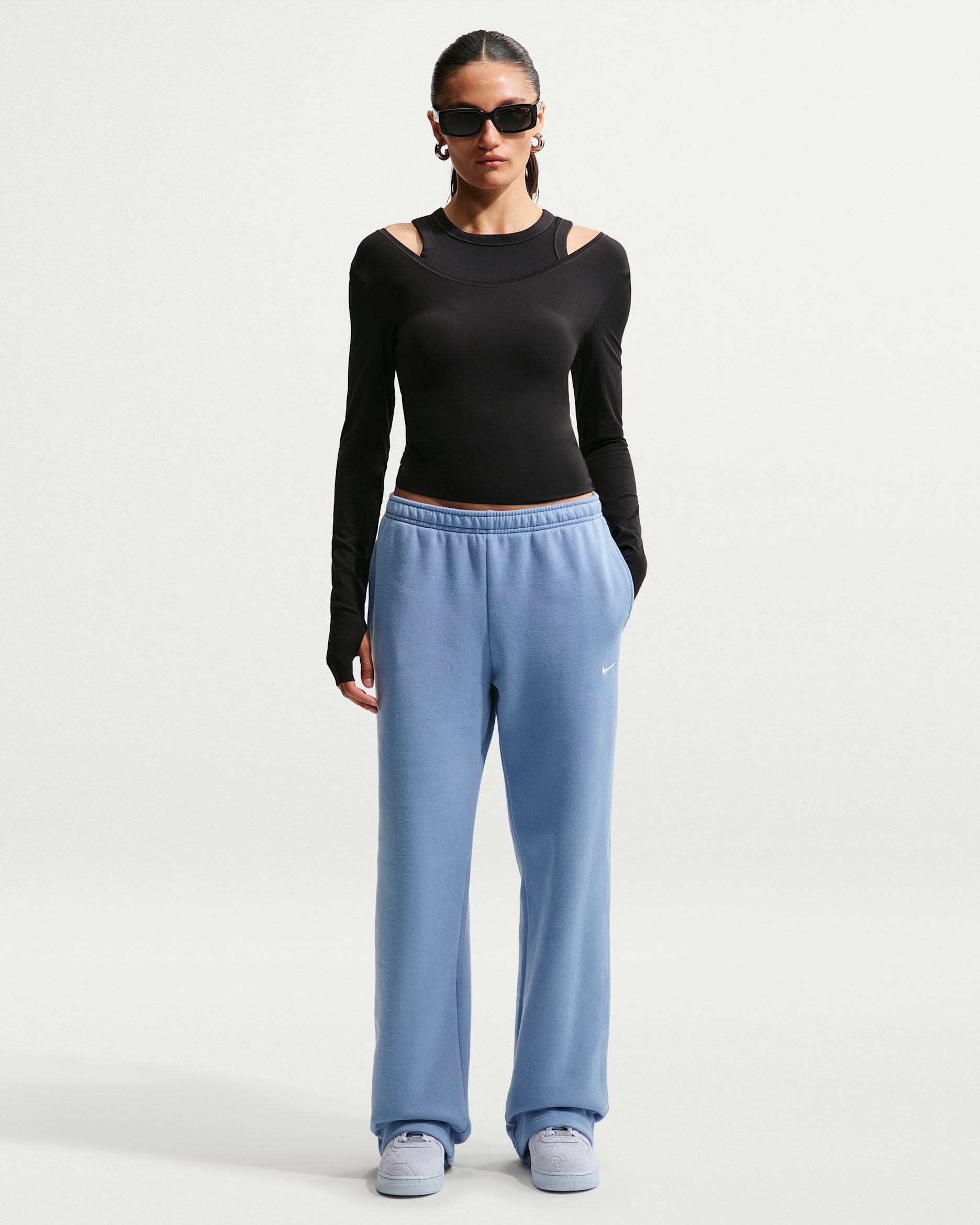 Nike Studio Fleece Medium Weight Women's Mid-Rise Open-Hem Trousers - Work Blue/Sail