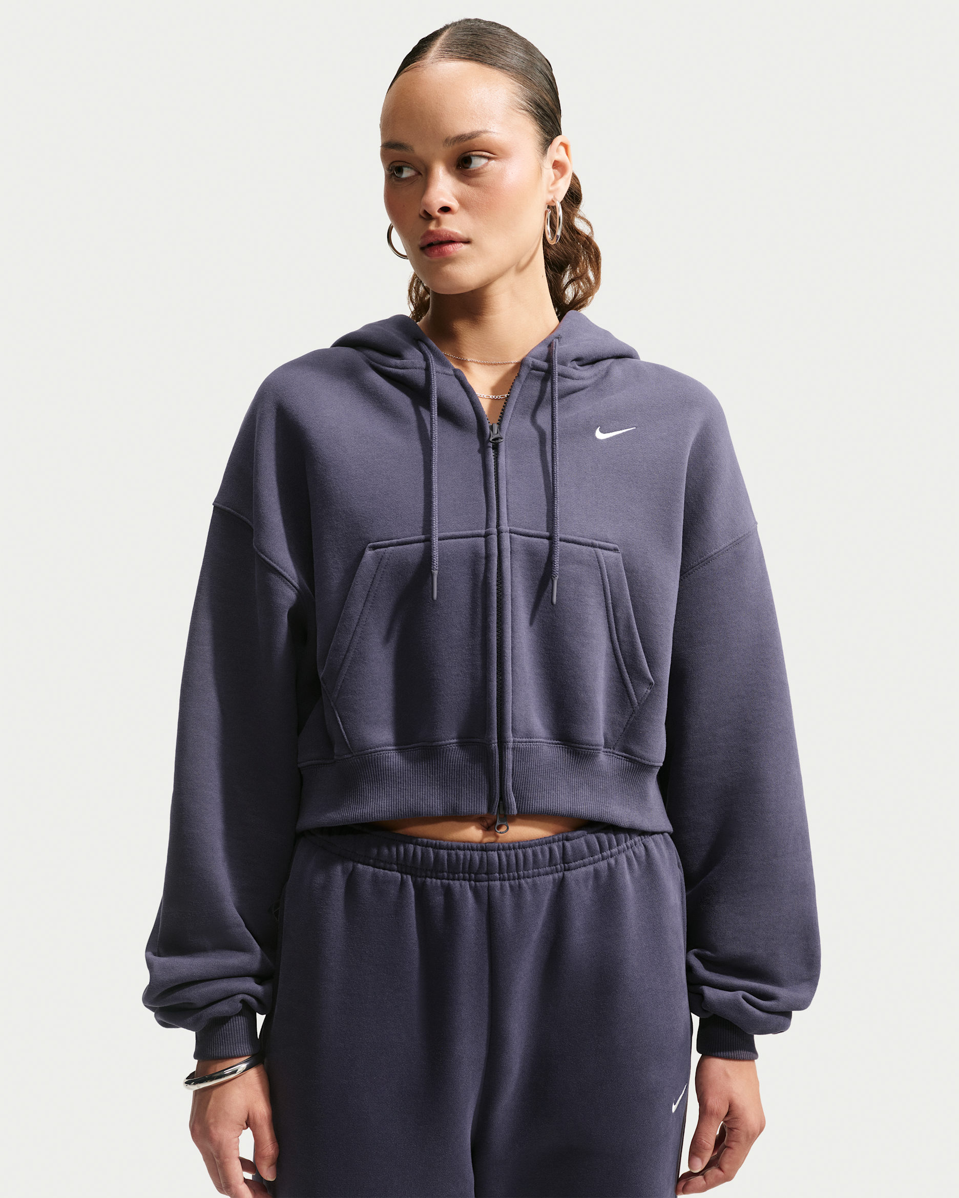 Nike Studio Fleece Medium Weight Women's Oversized Full-Zip Cropped Hoodie - Gridiron/Sail