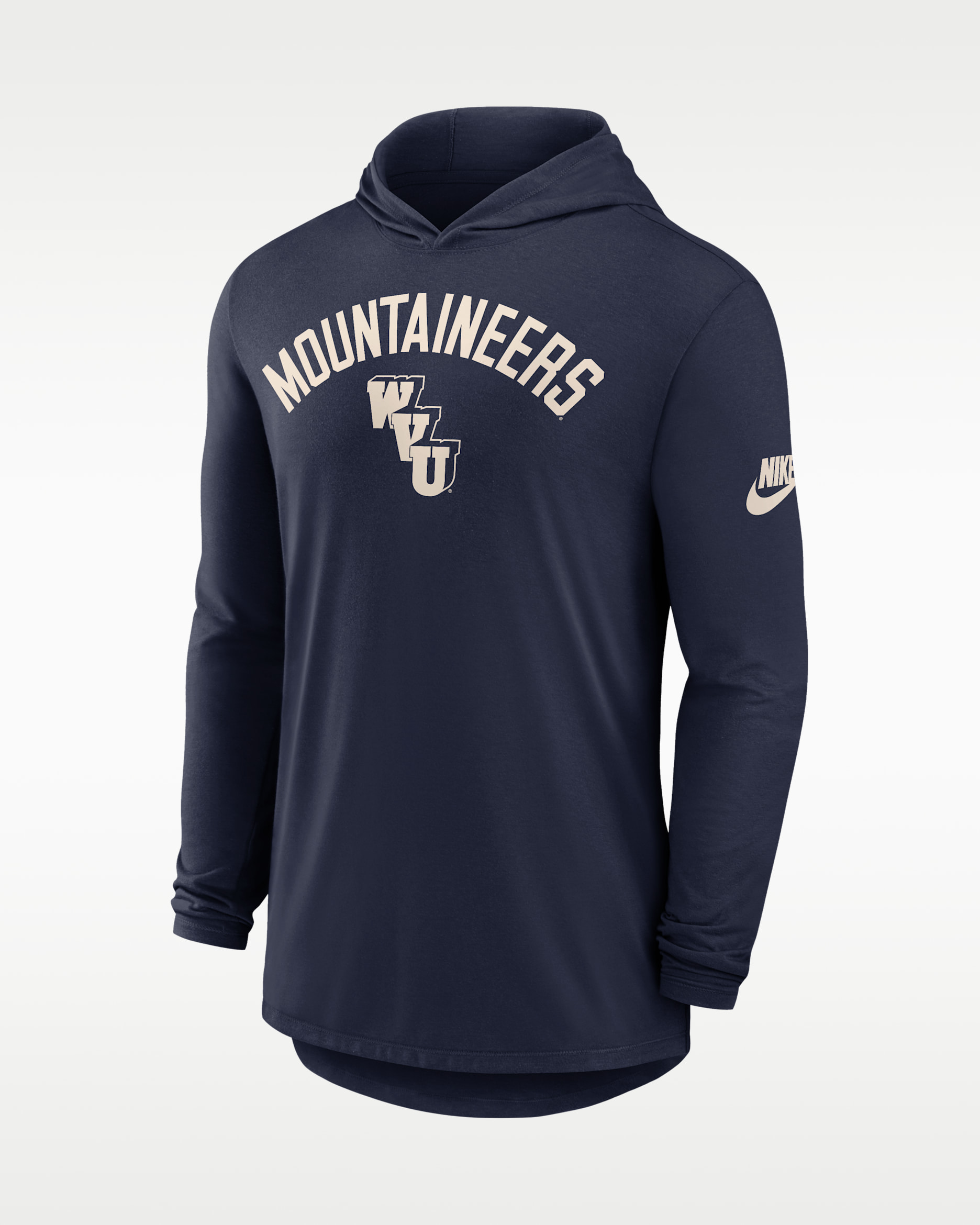 Playera universitaria Nike Dri-FIT con gorro de manga larga para hombre West Virginia Legacy Arch - Azul marino