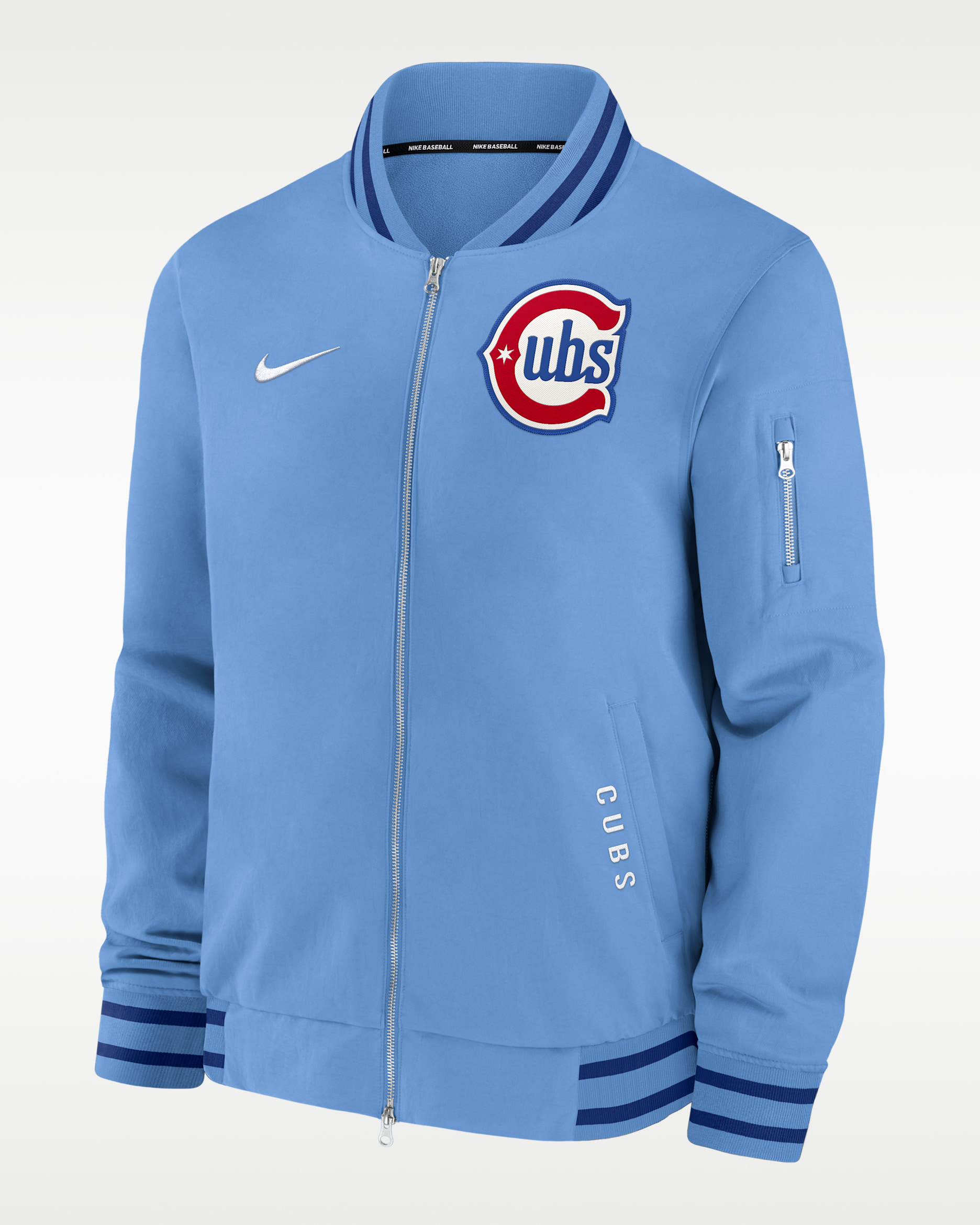 Chicago Cubs Authentic Collection Dugout Men's Nike MLB Full-Zip Bomber Jacket - Light Blue
