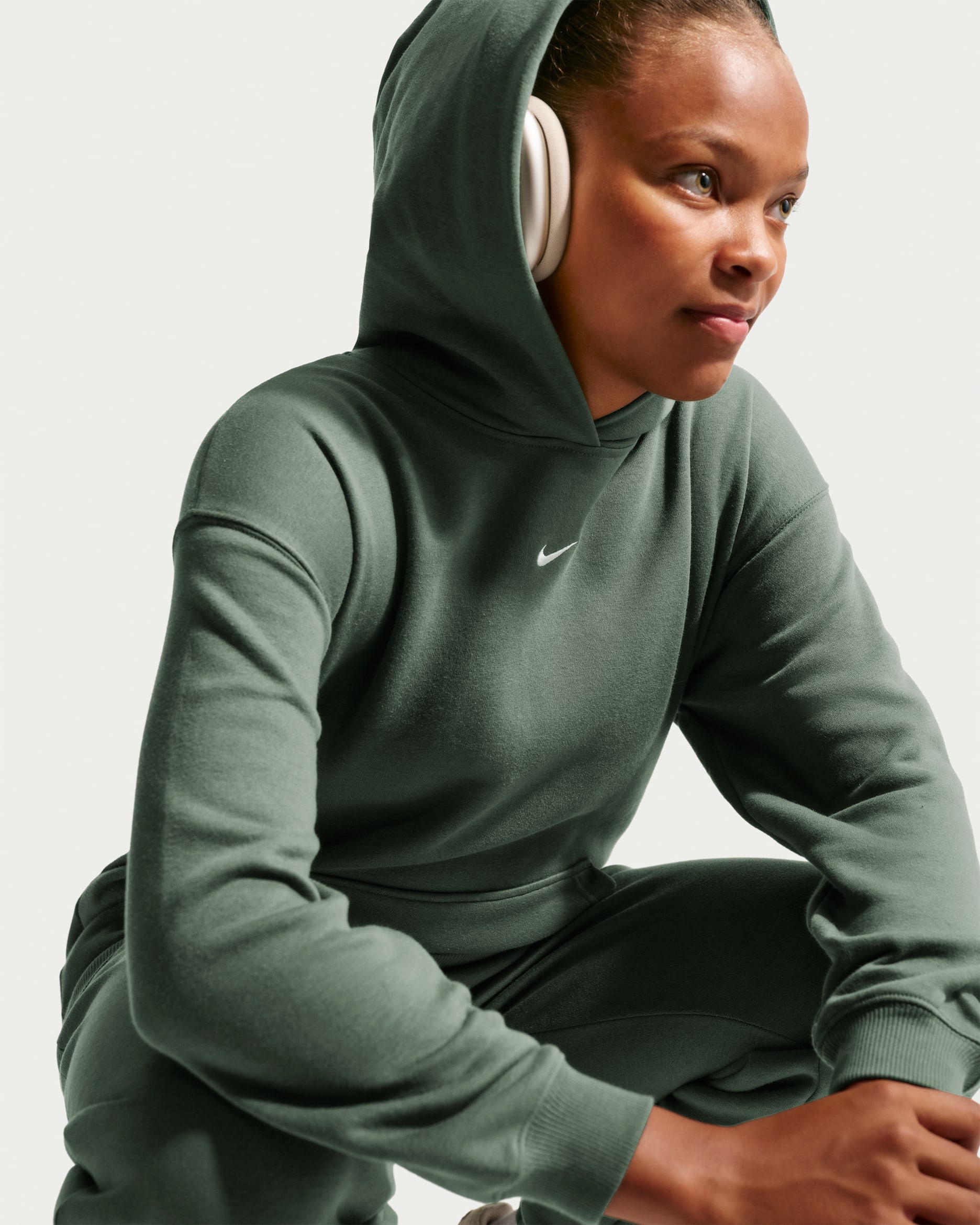 Sudadera con gorro sin cierre oversized para niña Nike Sportswear Studio Fleece - Verde camuflaje/Blanco