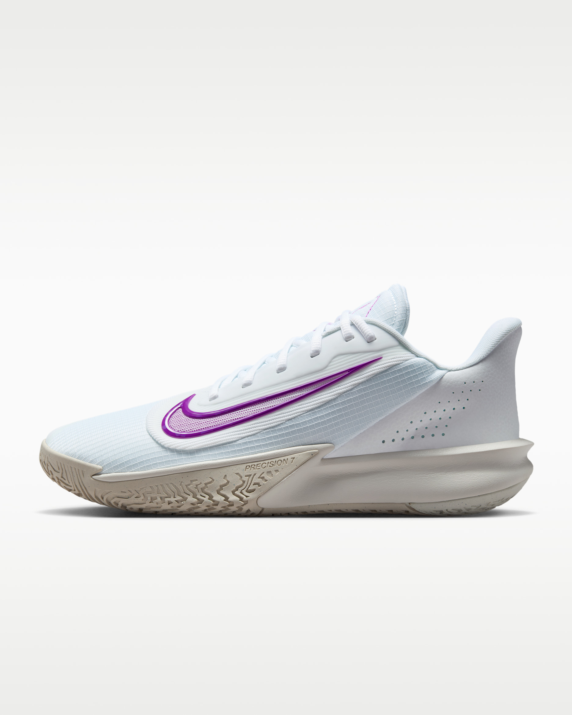 Tenis de básquetbol Nike Precision 7 - Blanco/Marrón verdoso claro/Fantasma/Morado vivo