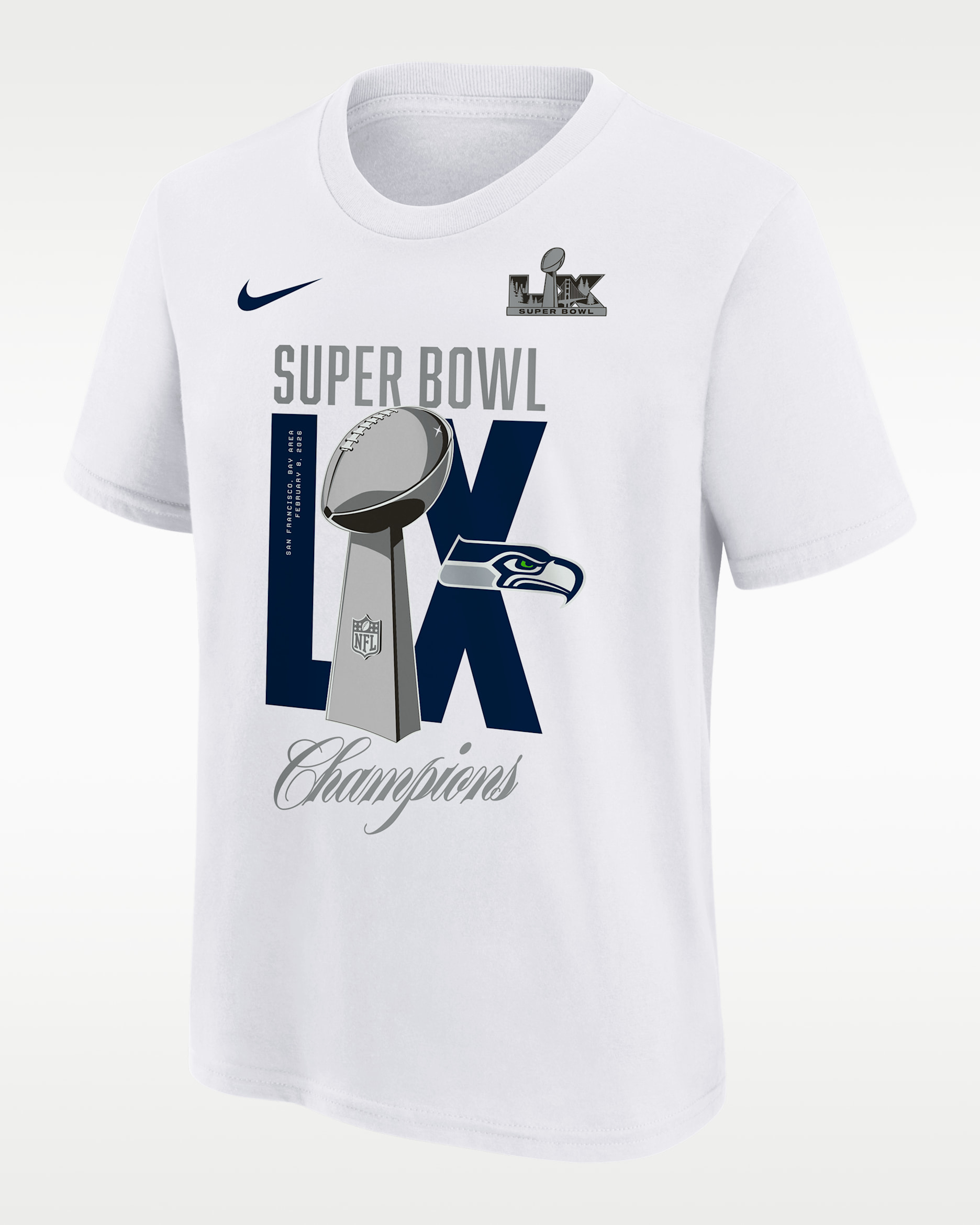 Seattle Seahawks Super Bowl LX Champions Lombardi Trophy Big Kid's Nike NFL T-Shirt - White