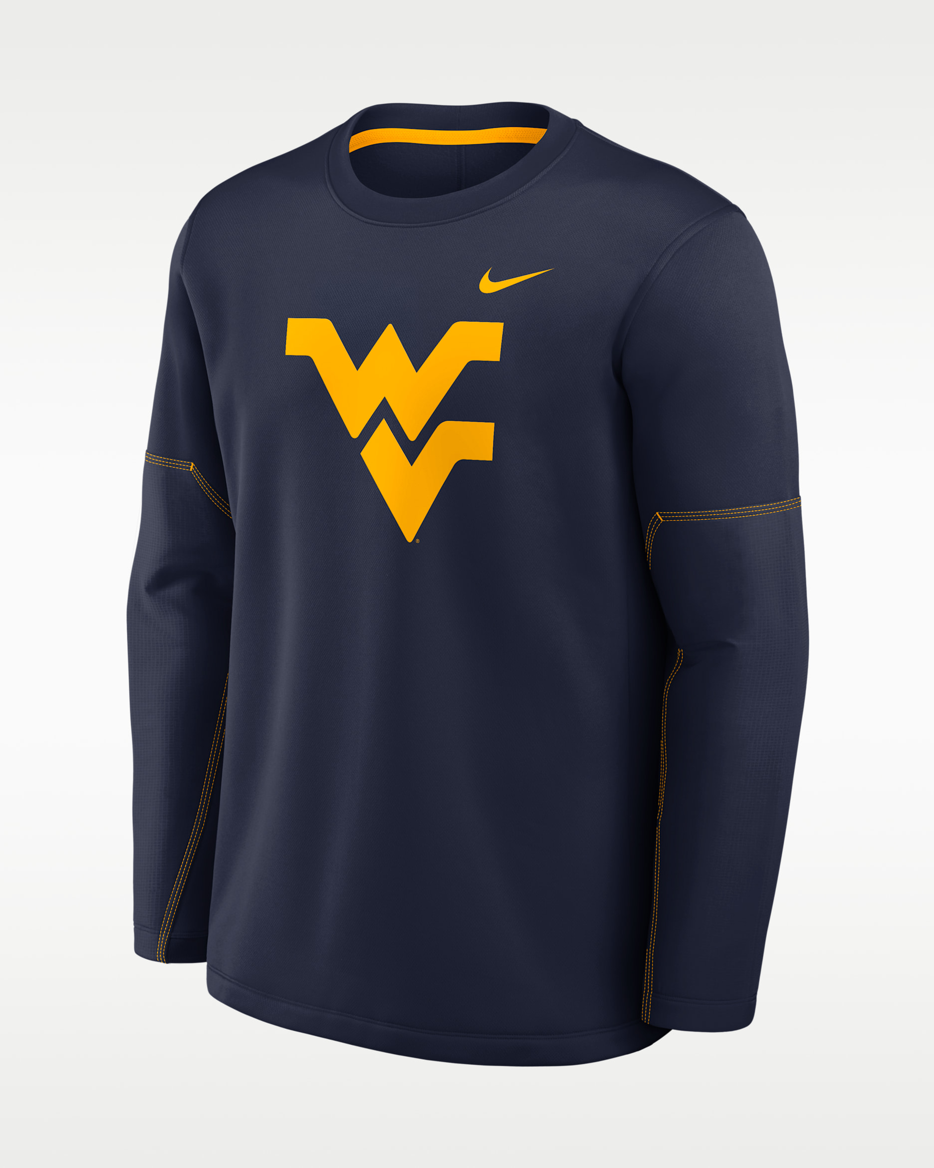 Playera de manga larga universitaria Nike Therma-FIT para hombre West Virginia Sideline Coaches - Azul marino universitario/Oro universitario