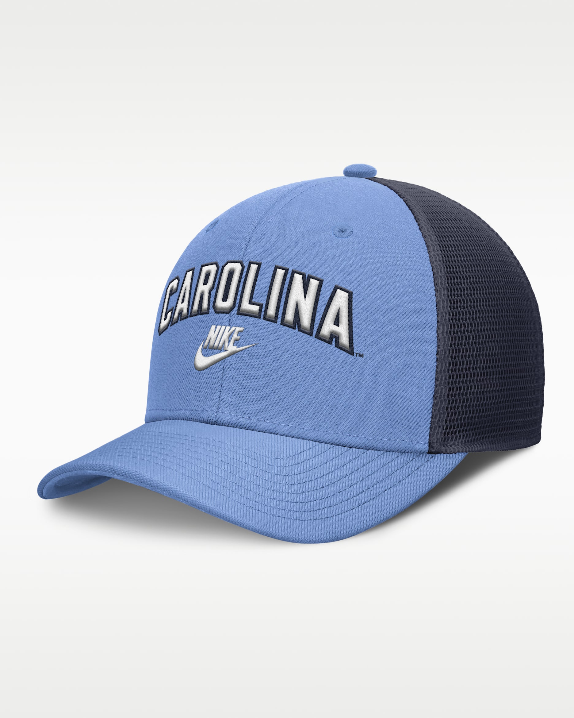 North Carolina Legacy Arch Rise Men's Nike Dri-FIT College Trucker Adjustable Hat - Light Blue