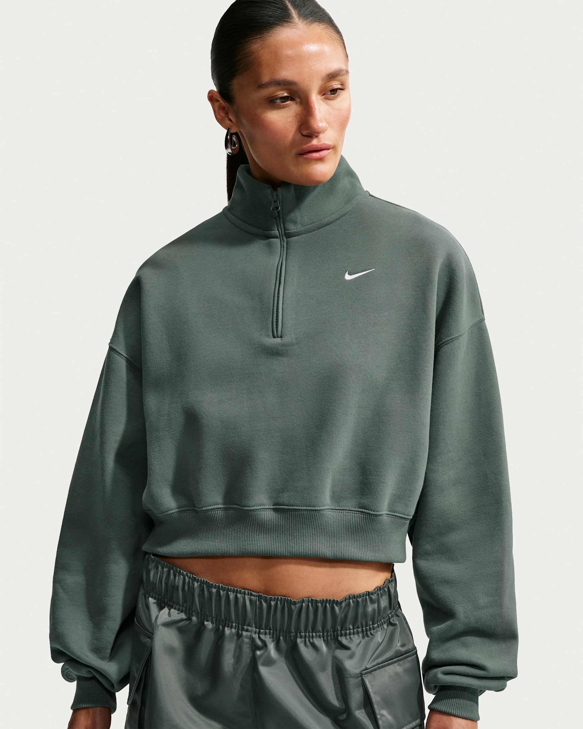 Nike Studio Fleece Medium Weight Women's Oversized 1/4-Zip Cropped Top - Camo Green/Sail