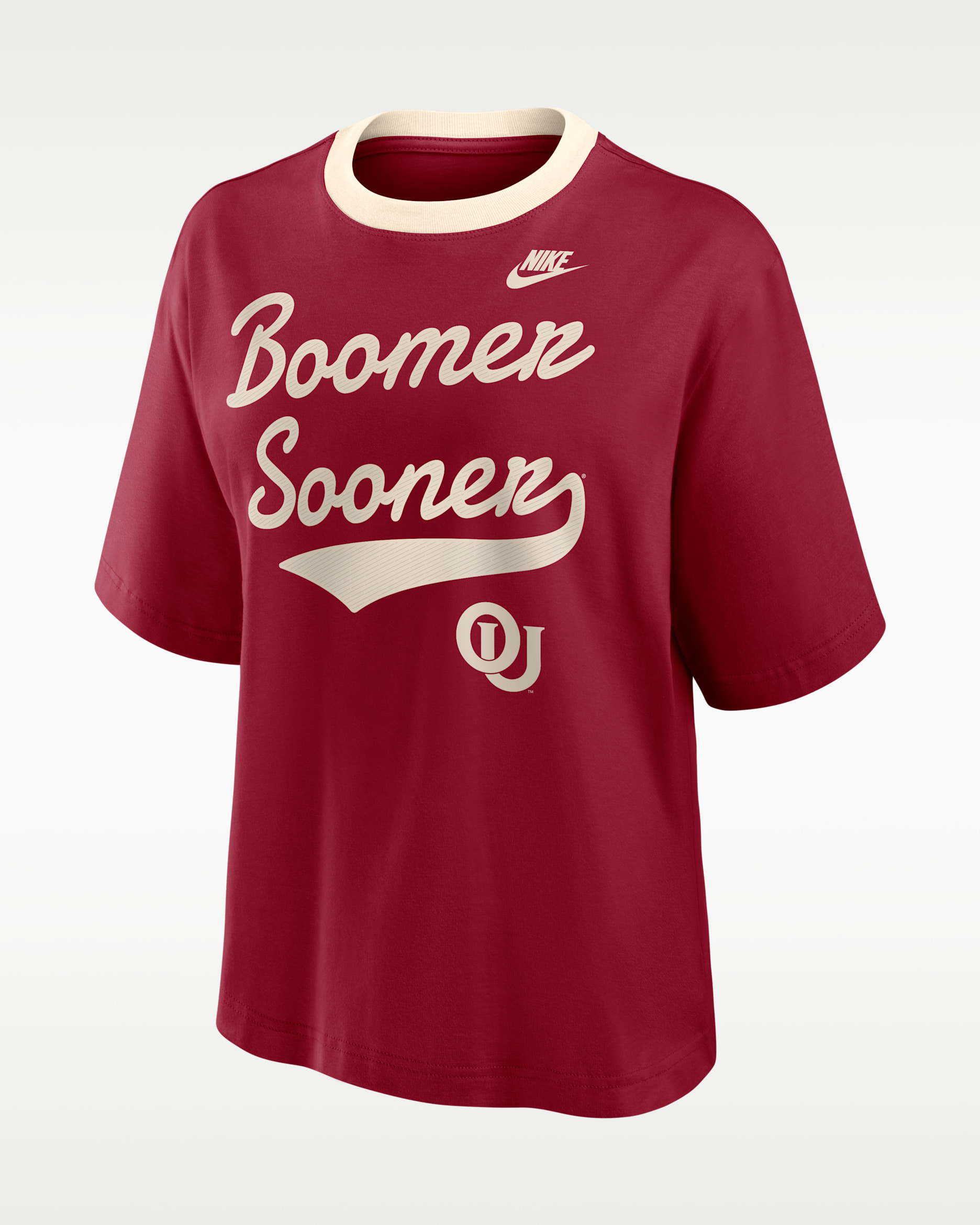Oklahoma Legacy Fight Song Boxy Women's Nike College T-Shirt - Crimson/Natural