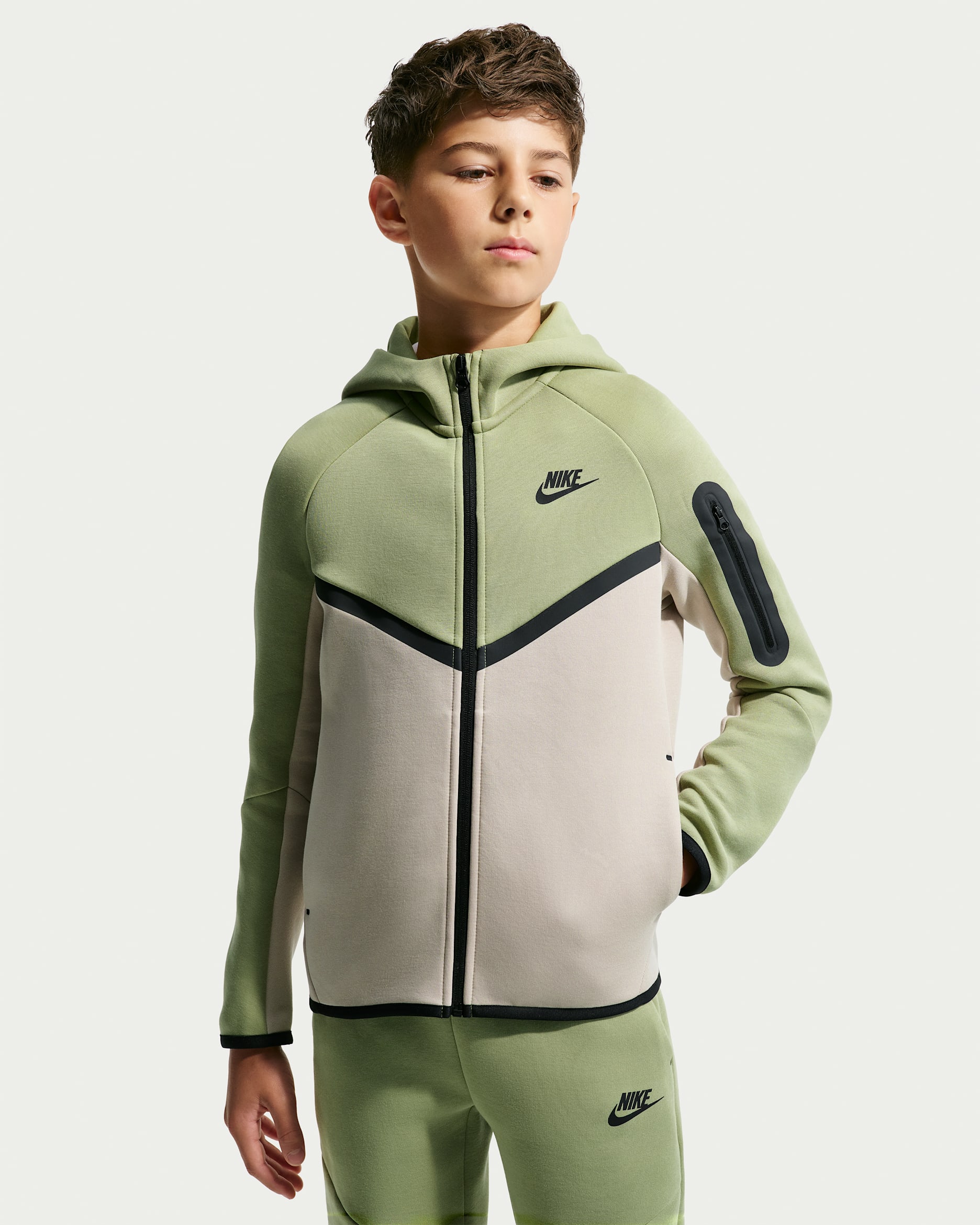 Nike Sportswear Tech Fleece Big Kids' Full-Zip Hoodie - Dusty Olive/Cream II/Black/Black