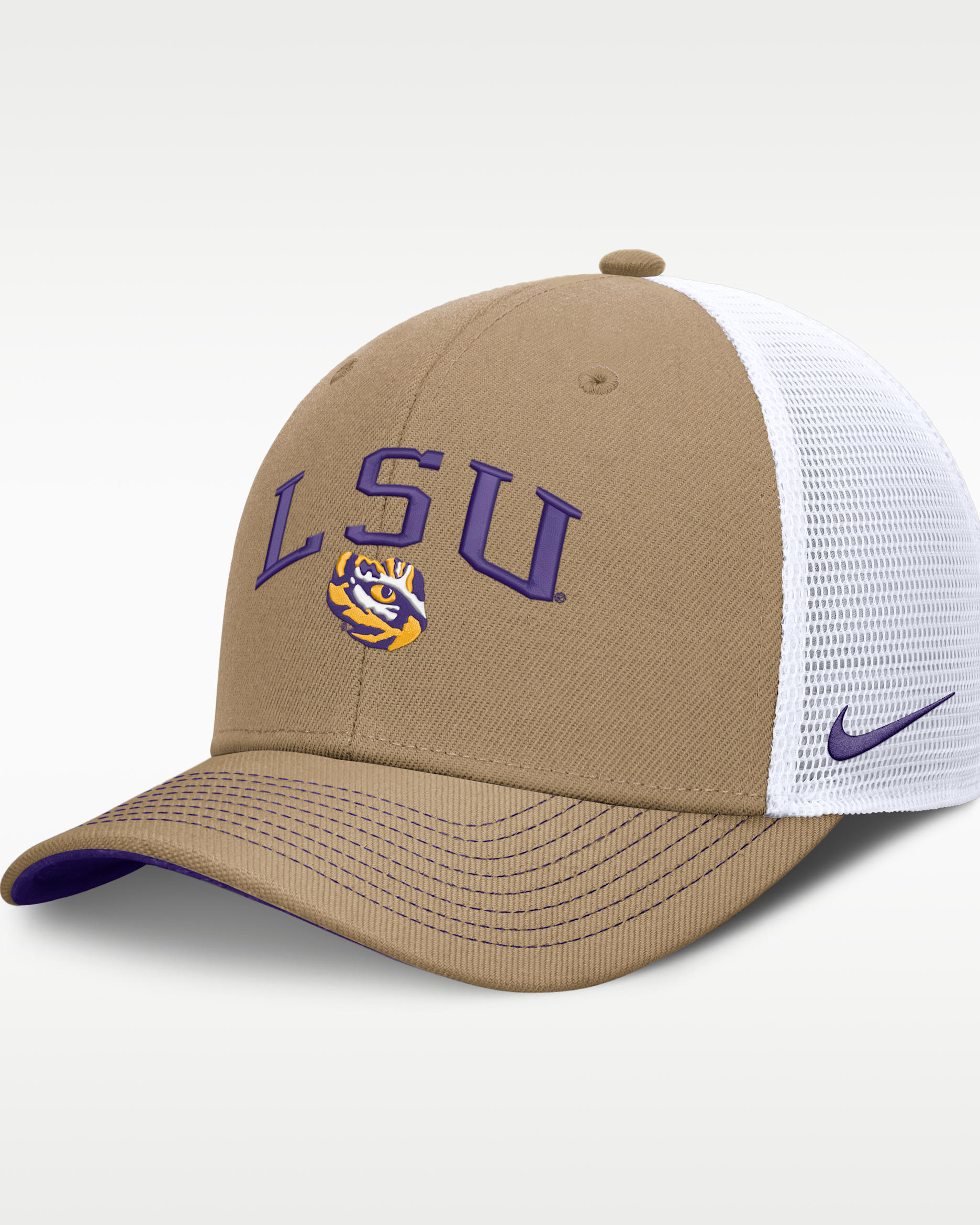 LSU Primetime Arched Men's Nike Dri-FIT College Trucker Adjustable Hat - Classic Beige/Purple
