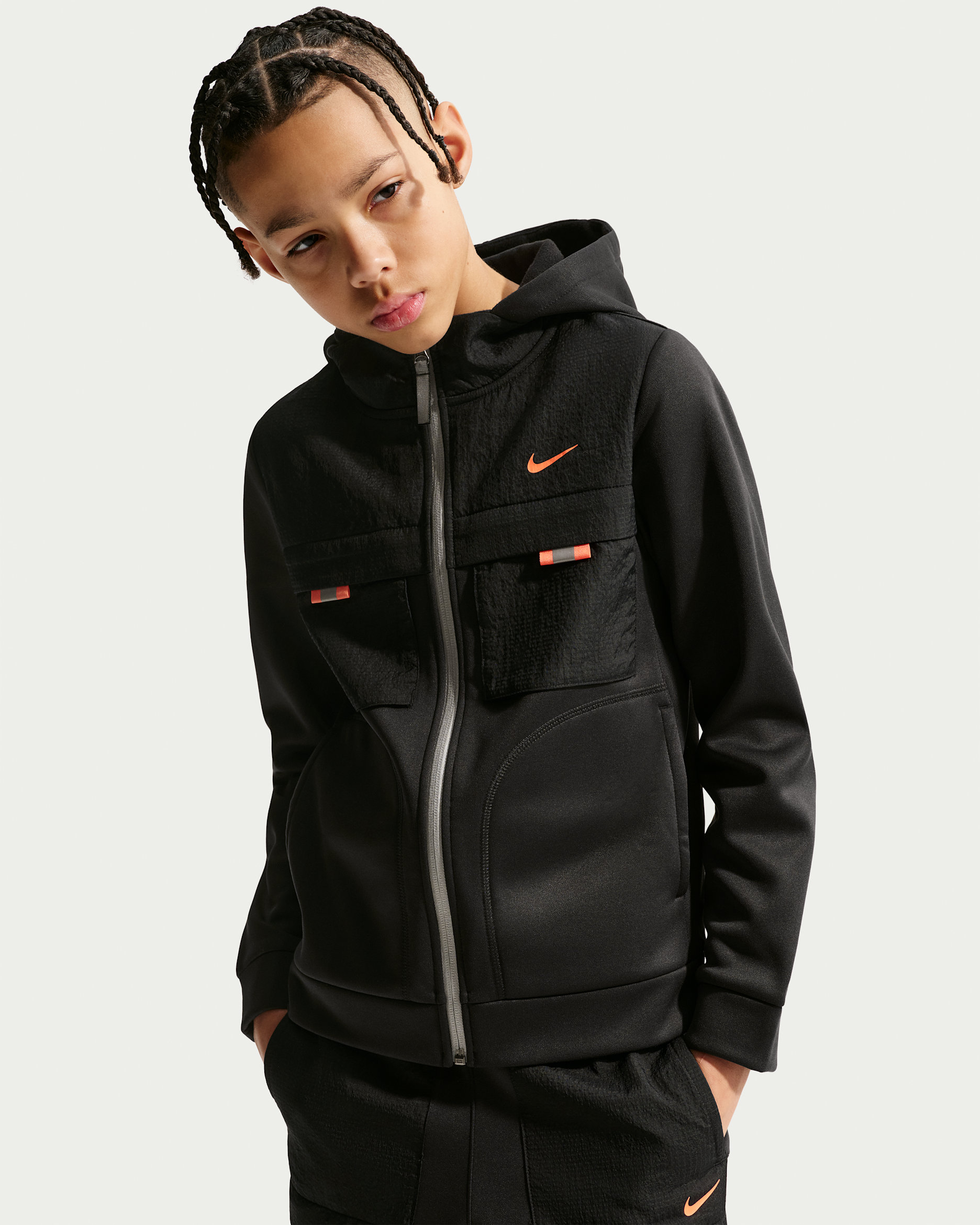 Nike Sportswear City Utility Kapuzenjacke (ältere Kinder) - Schwarz/Schwarz/Turf Orange