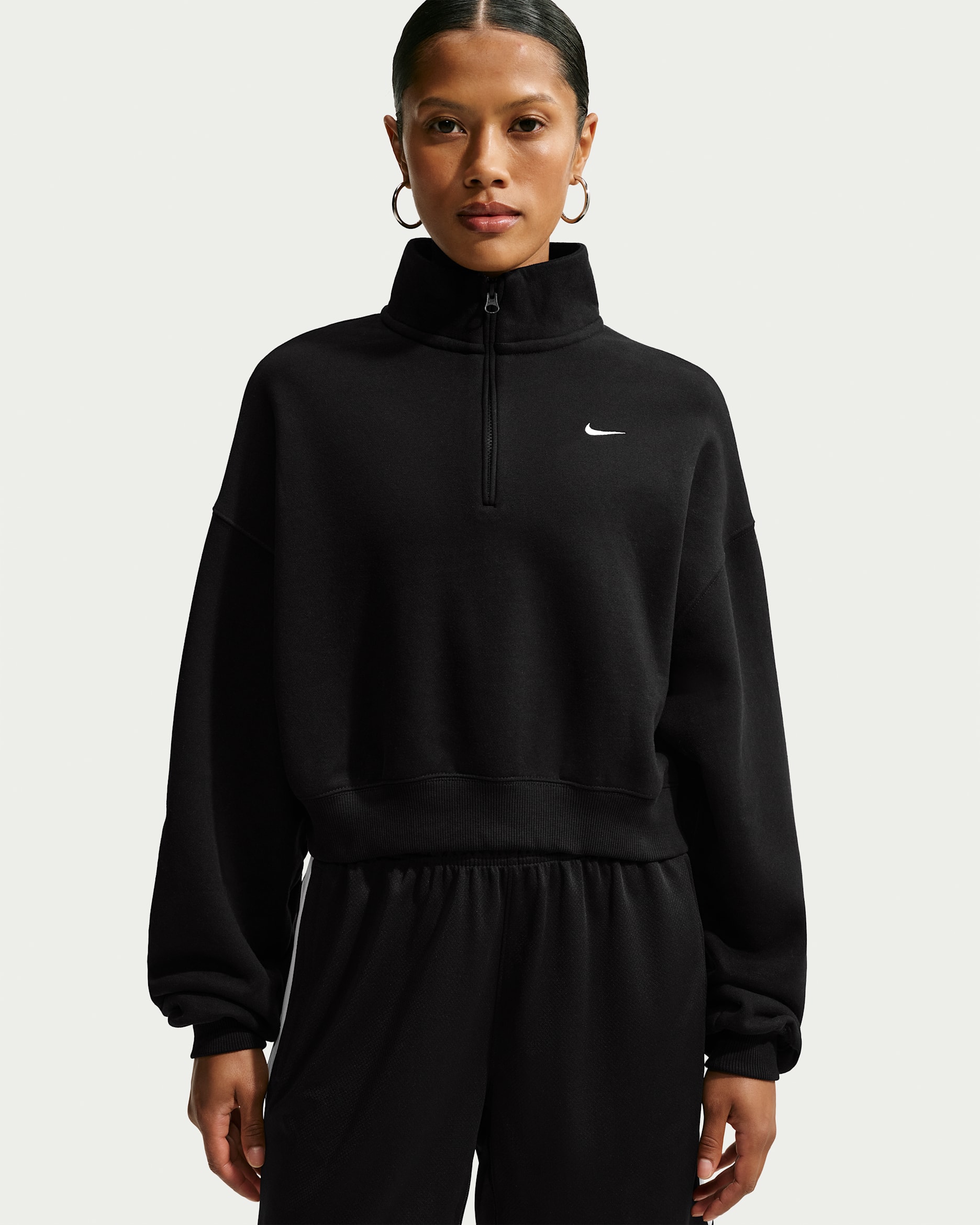 Nike Studio Fleece Medium Weight Women's Oversized 1/4-Zip Cropped Top - Total Black/Sail