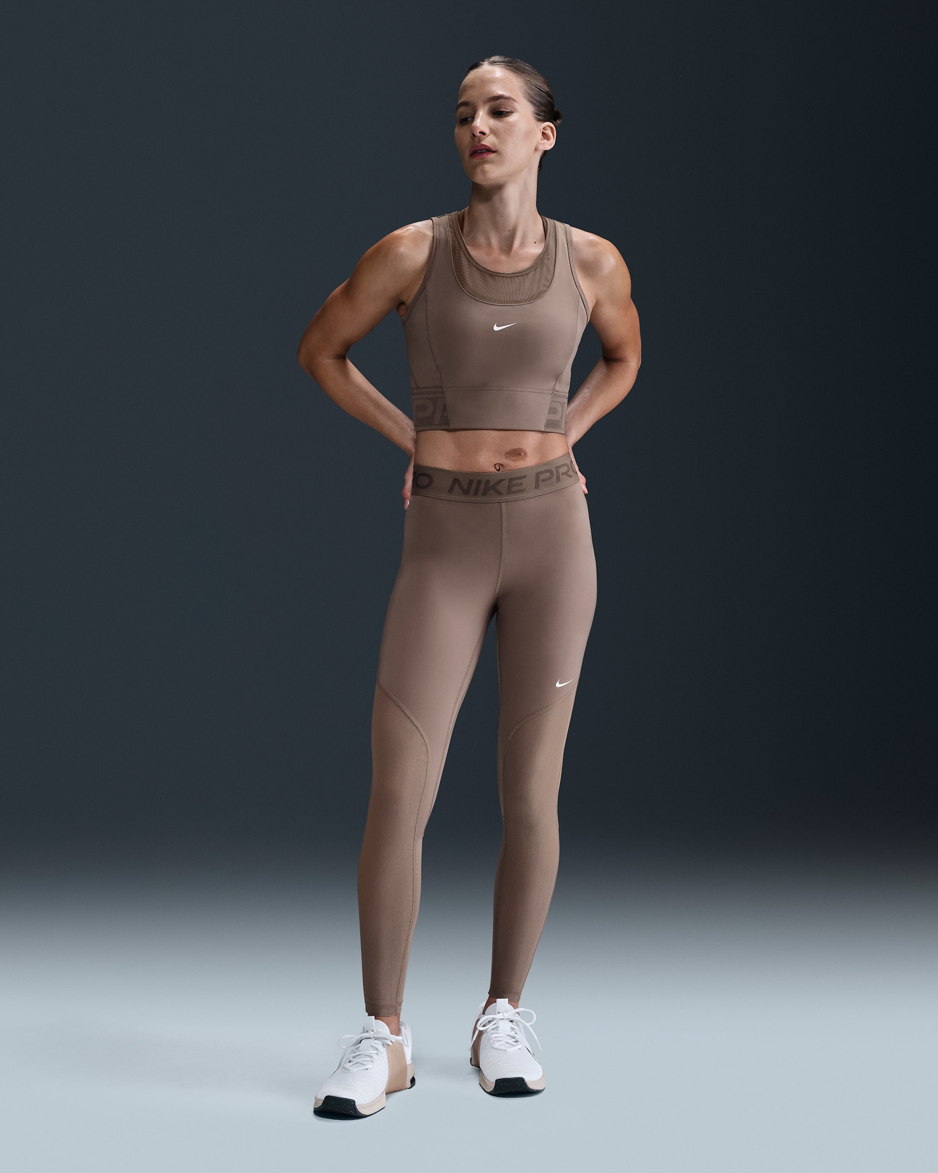 Nike Pro Women's Mid-Rise Full-Length Mesh-Paneled Leggings - Mink Brown/Ironstone/White