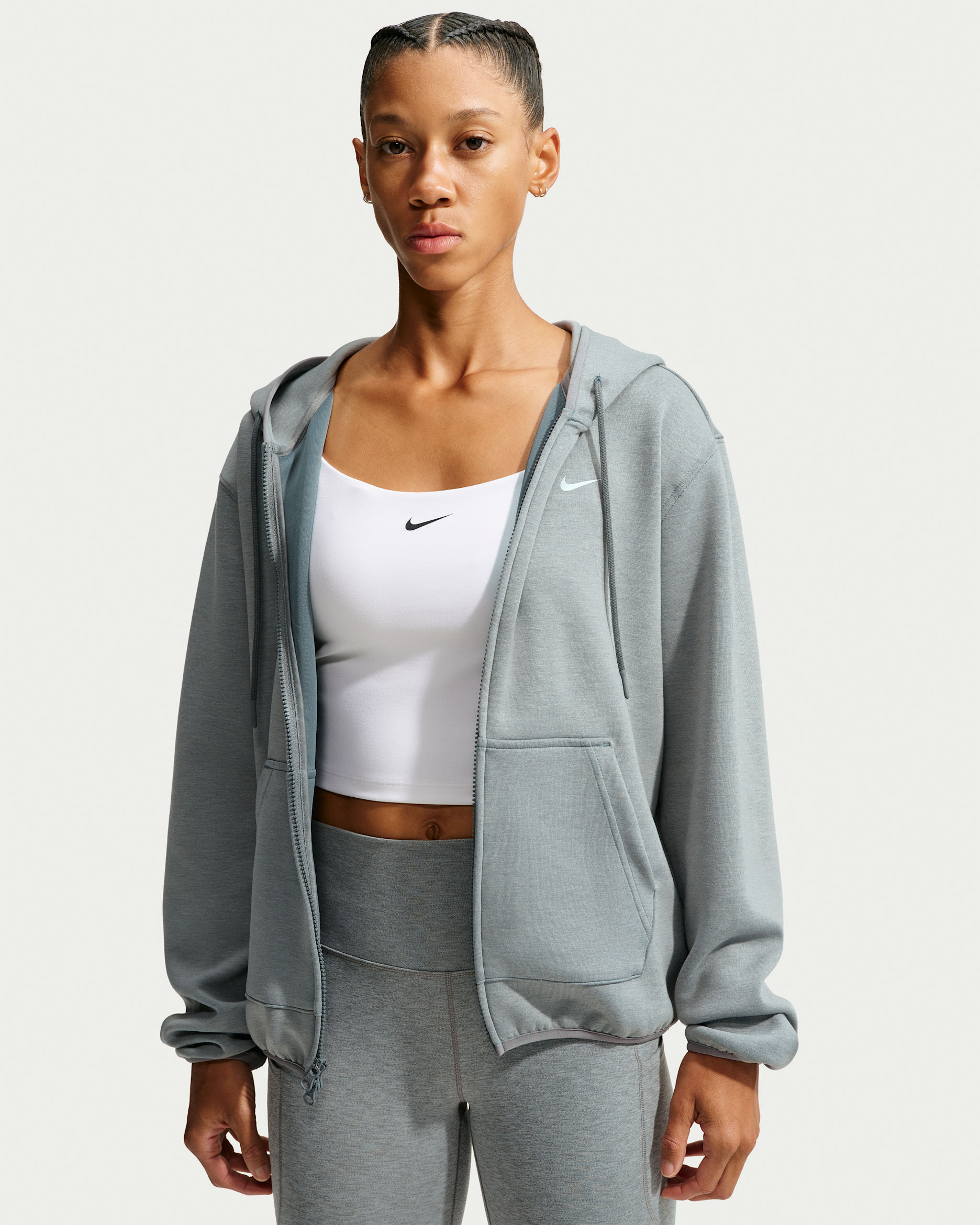 Sudadera con gorro y cierre completo Dri-FIT para mujer Nike Studio Fleece Sport - Gris humo/Jaspeado/Blanco
