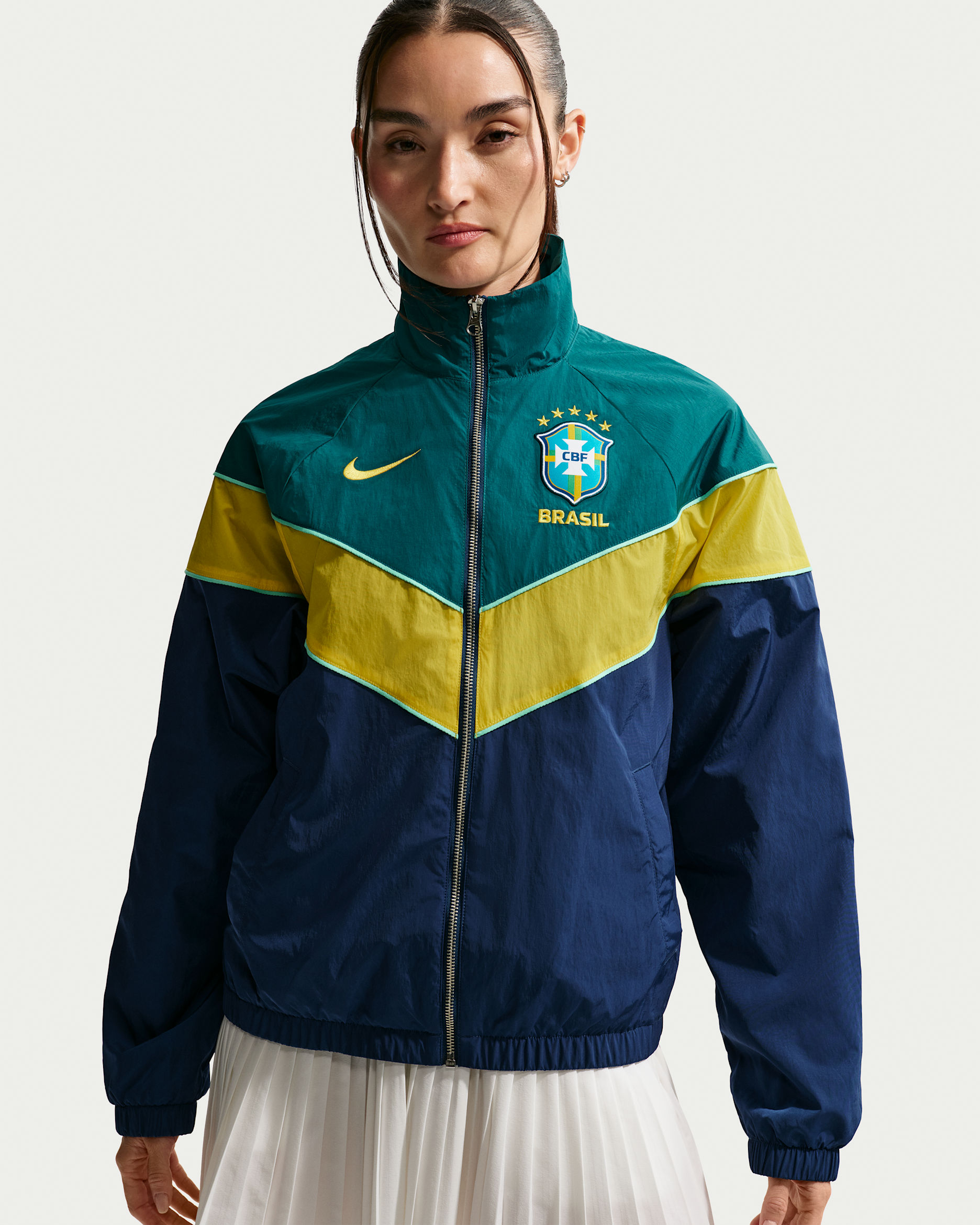 Brazil Windrunner Women's Nike Soccer UV Woven Jacket - Coastal Blue/Geode Teal/Midwest Gold/Midwest Gold