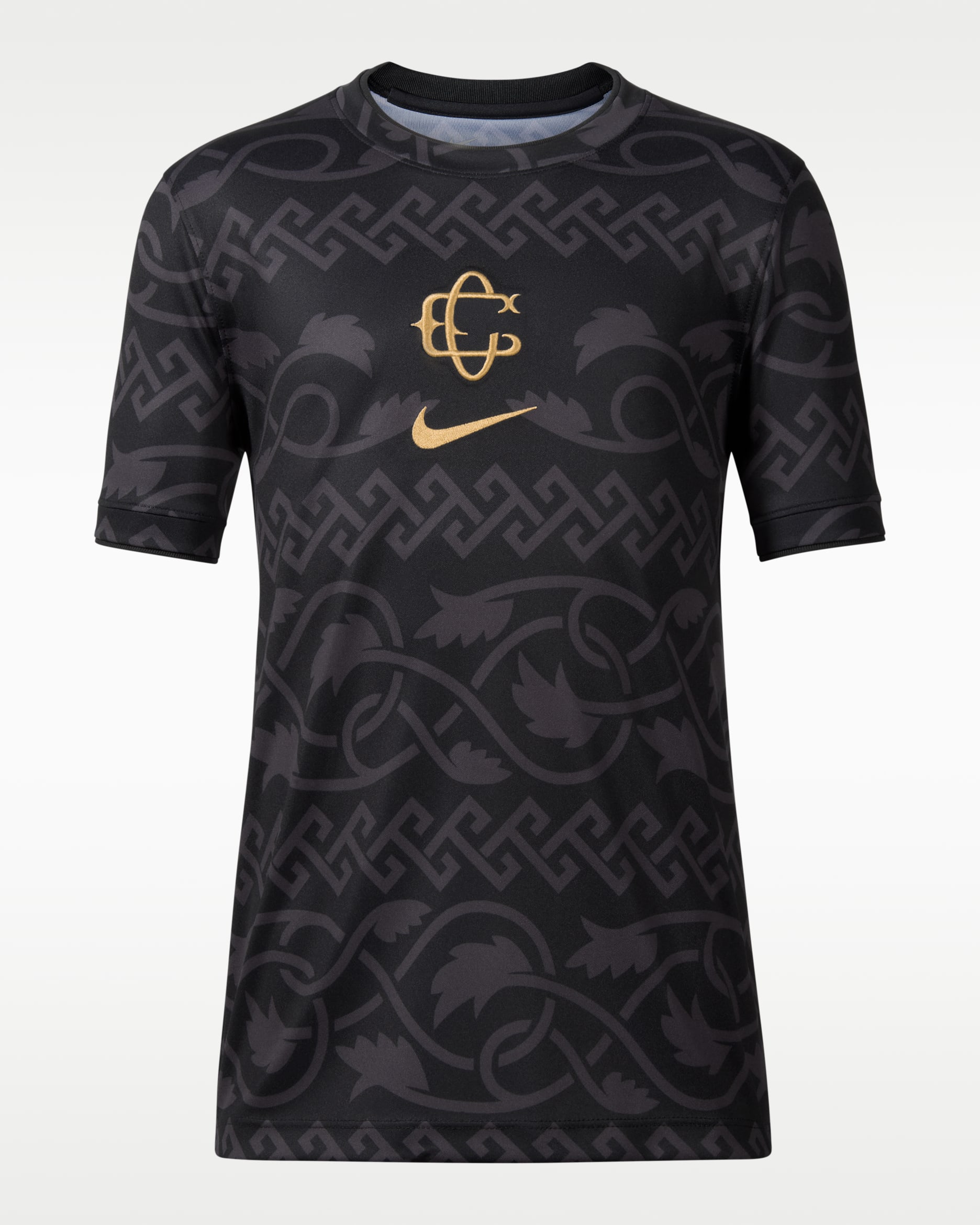 Playera de futbol de manga corta Nike Dri-FIT del C.D. Guadalajara alternativa Pre-Match para niños talla grande - Negro/Oro genuino/Oro genuino