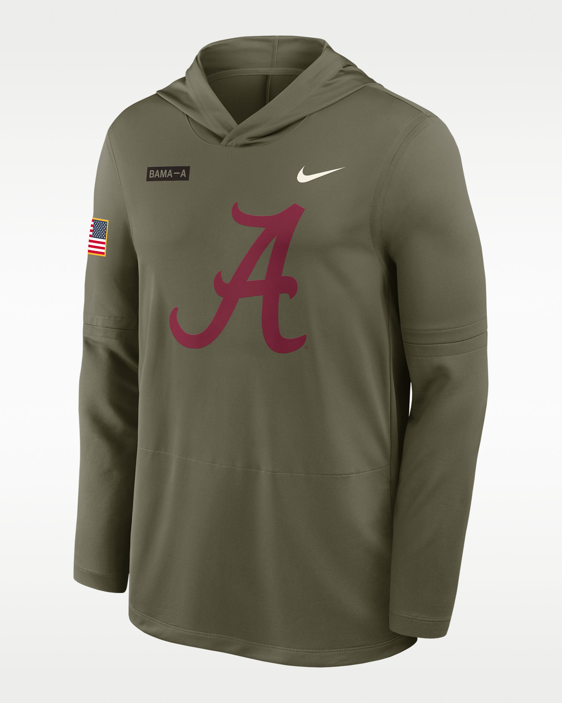 Playera de manga larga universitaria Nike Dri-FIT con gorro para hombre Alabama 2025 Military Appreciation - Oliva