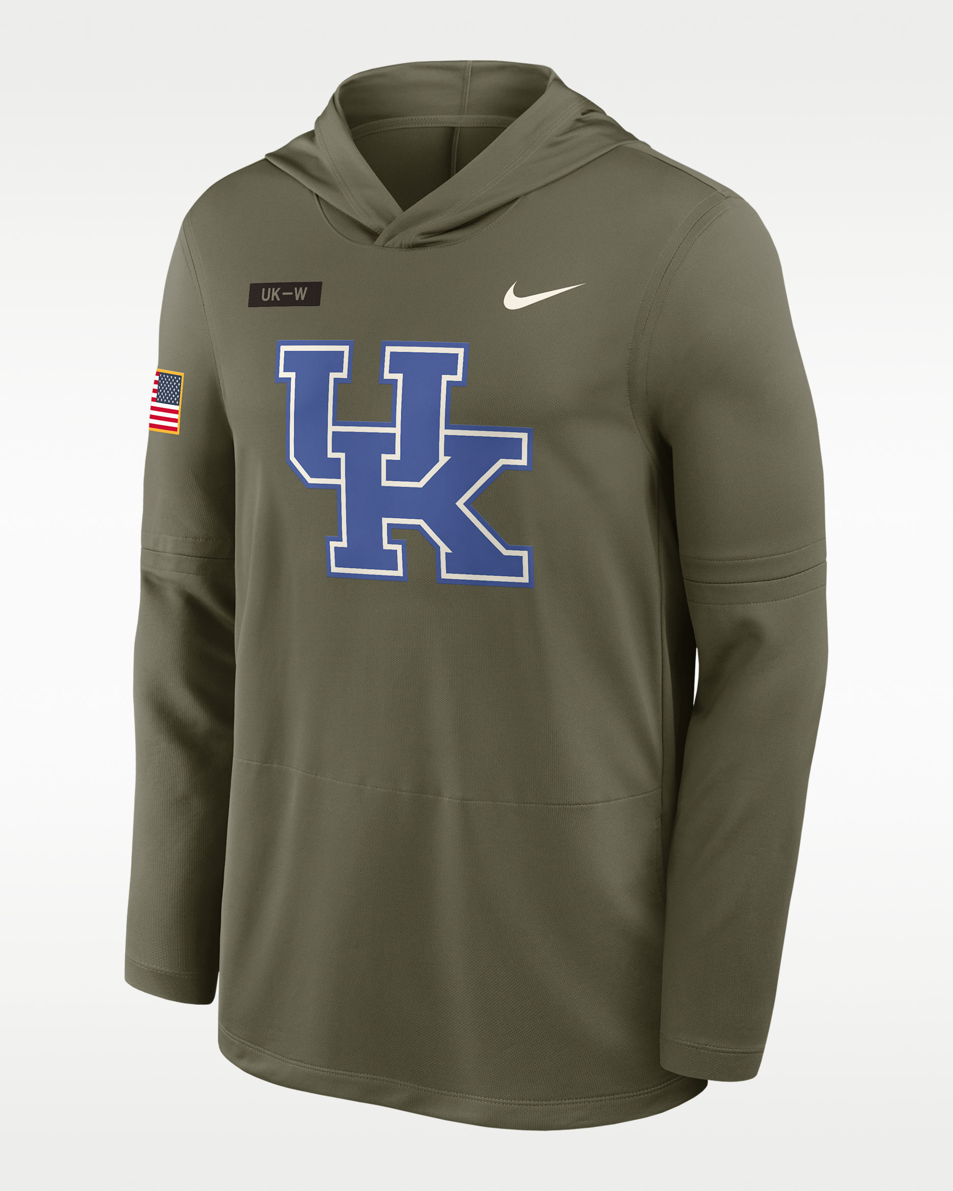 Playera de manga larga universitaria Nike Dri-FIT con gorro para hombre Kentucky 2025 Military Appreciation - Oliva