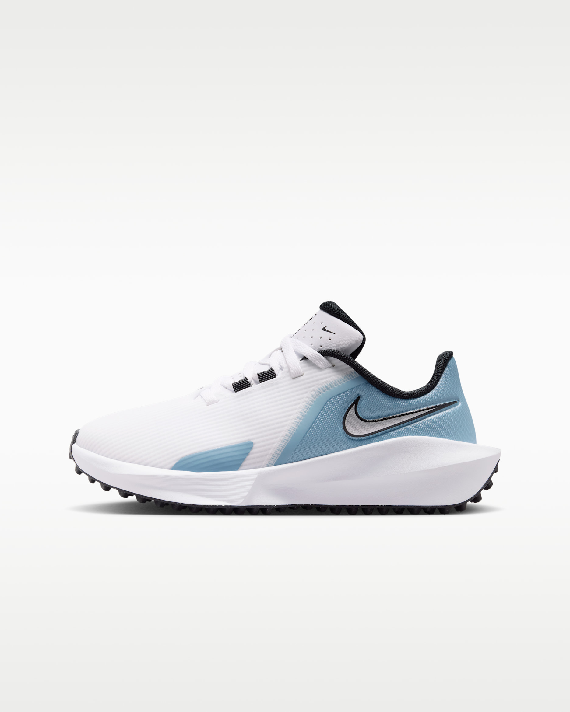 Tenis de golf para niños grandes Nike Infinity G Jr. '24 - Blanco/Azul de trabajo/Plata metalizado