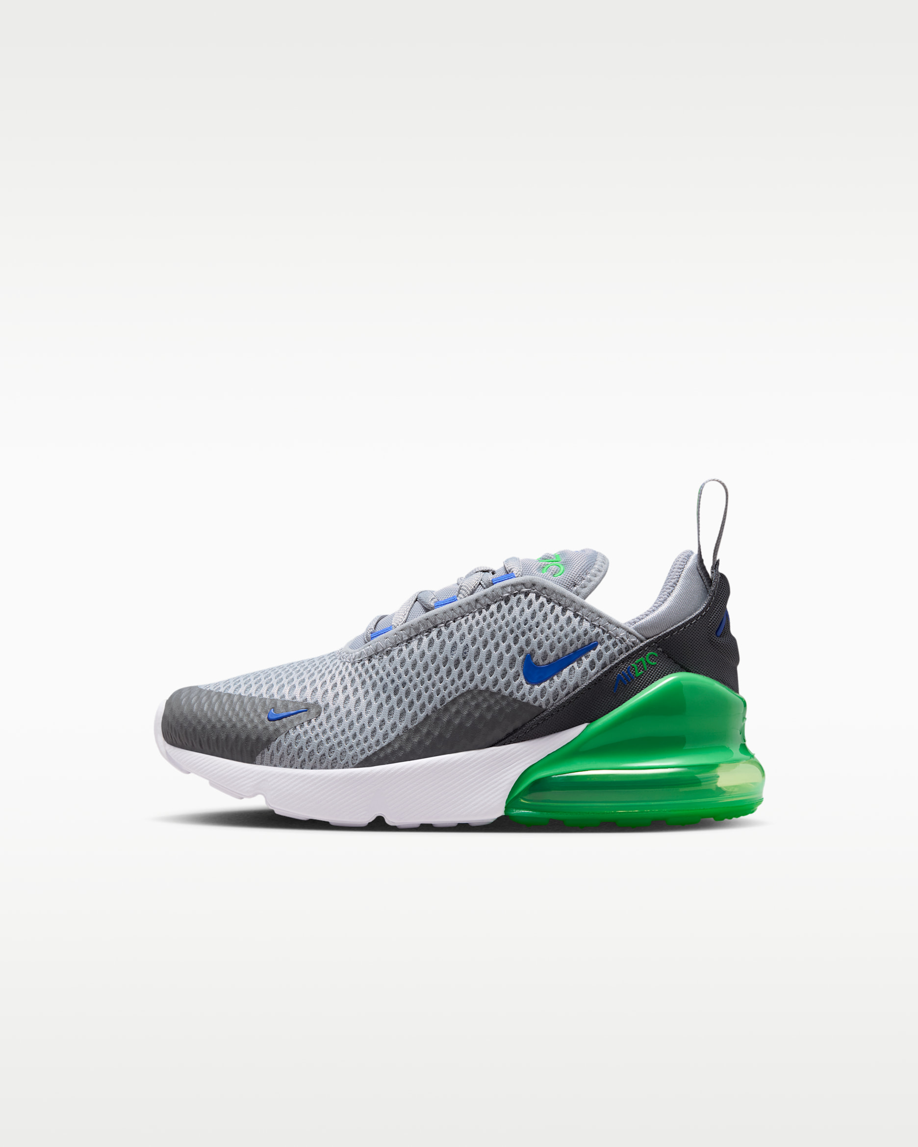 Tenis para niños de preescolar Nike Air Max 270 - Gris lobo/Gris humo/Verde chispa/Azul carrera
