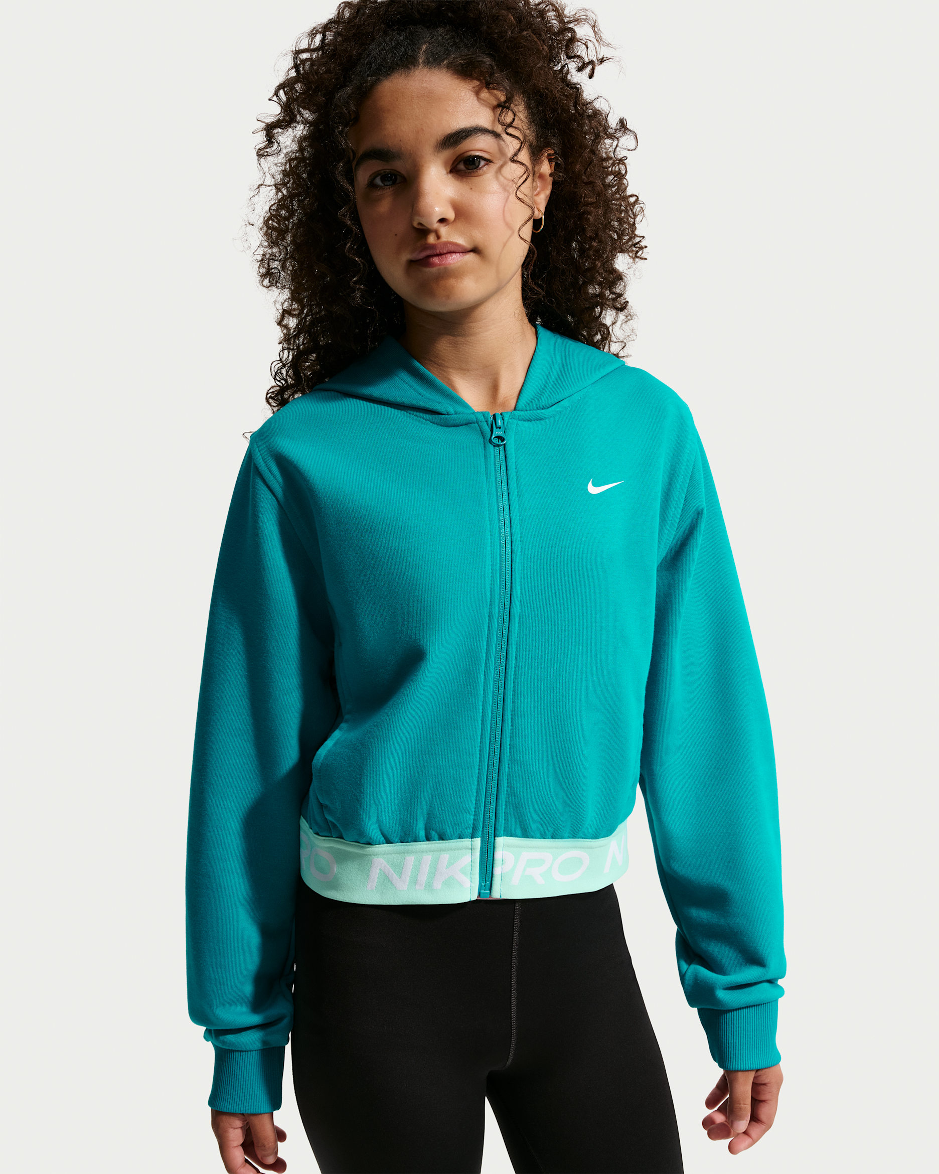 Huvtröja med hel dragkedja Nike Pro Fleece Dri-FIT för ungdom (tjejer) - Energy/Energy/Arctic Green/Vit