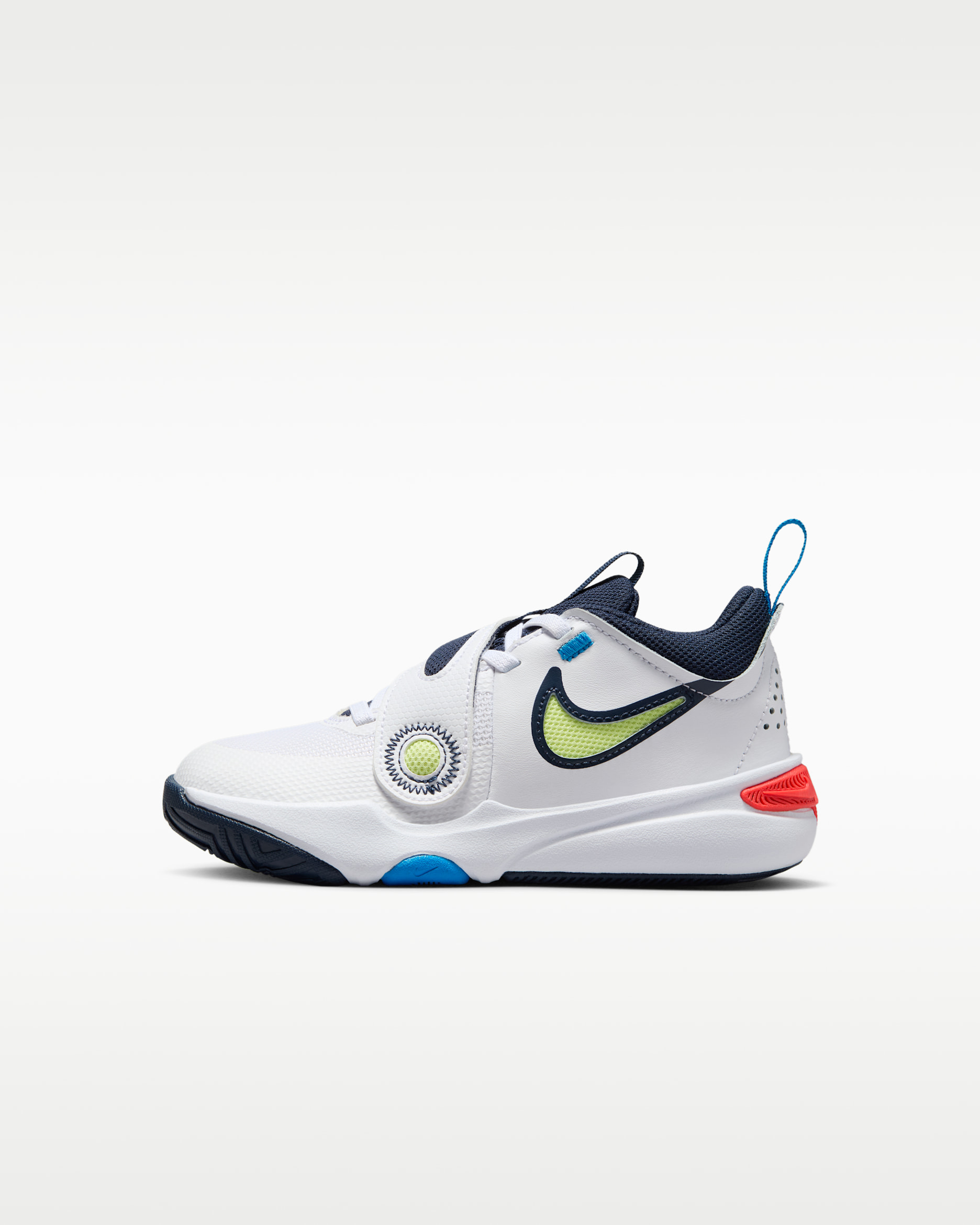 Calzado para niños de preescolar Nike Team Hustle D 11 - Blanco/Carmesí brillante/Azul foto/Toque de limón claro