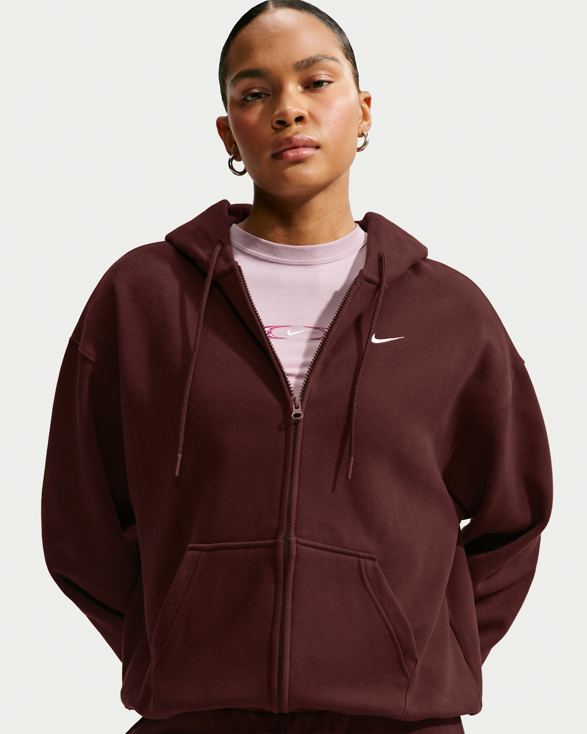 Mellomtykk Nike Studio Fleece-hettejakke i overdimensjonert passform med glidelås i full lengde til dame - Mystic Dates/Sail