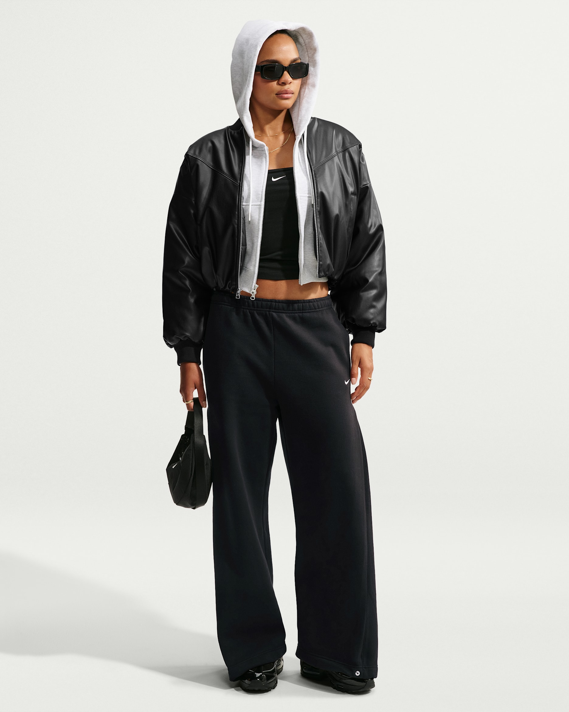 Nike Studio Fleece Medium Weight Women's Loose Pleated Snap Pants - Total Black/Sail