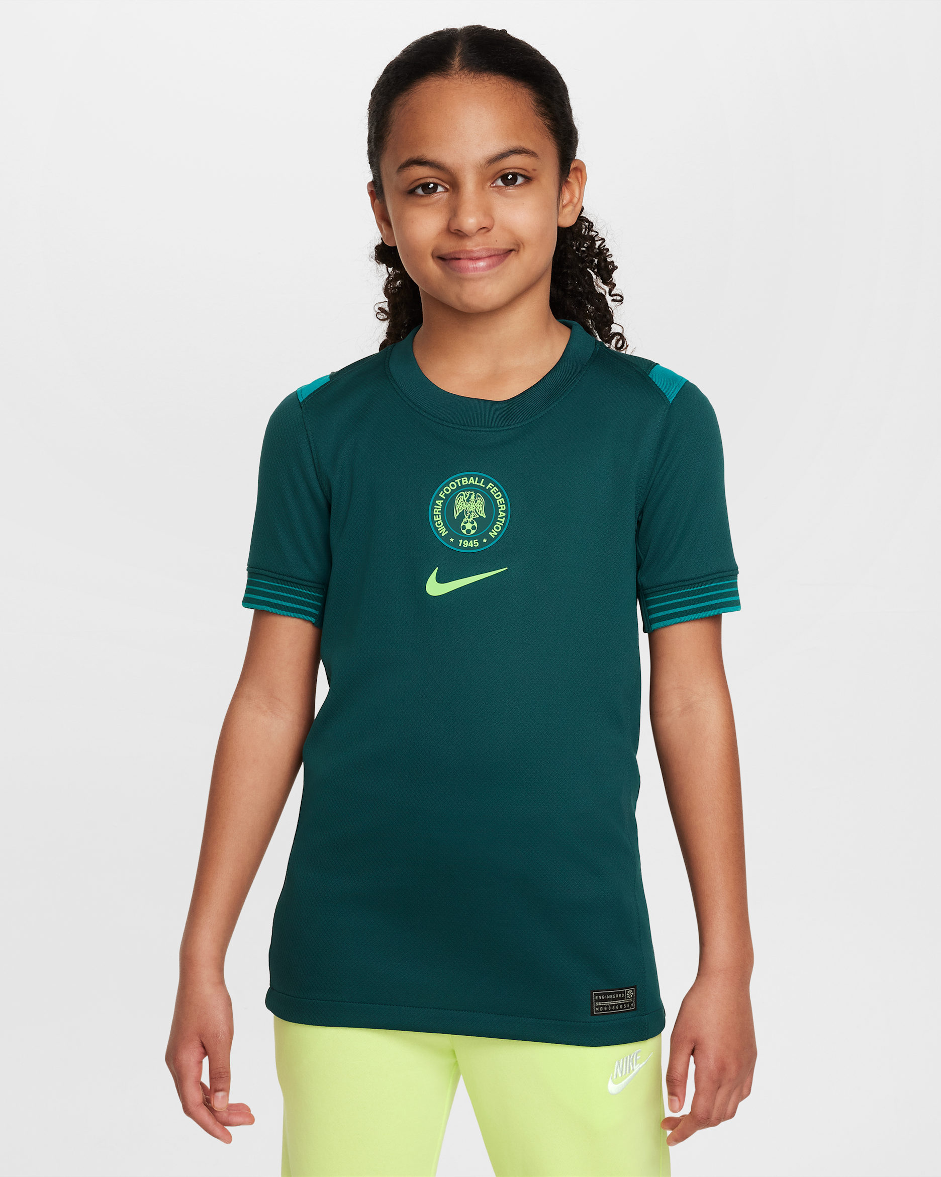 Nigeria 2025 Stadium Home (Frauenteam) Nike Dri-FIT Replika-Fußballtrikot (ältere Kinder) - Deep Teal/Mardi Gras/Green Strike